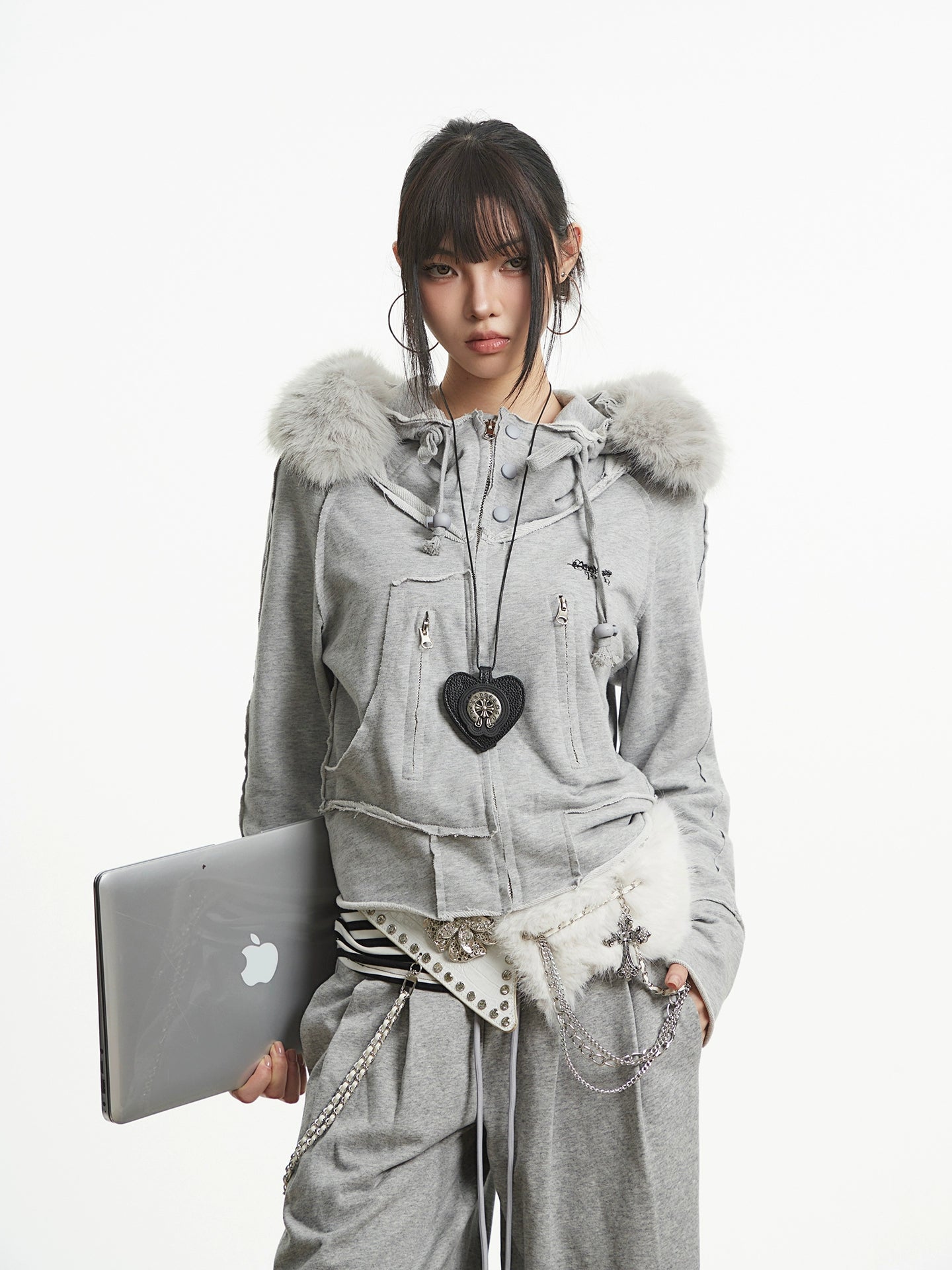 【25s Oct.】Vintage Grey Fur Collar Hooded Sweatshirt