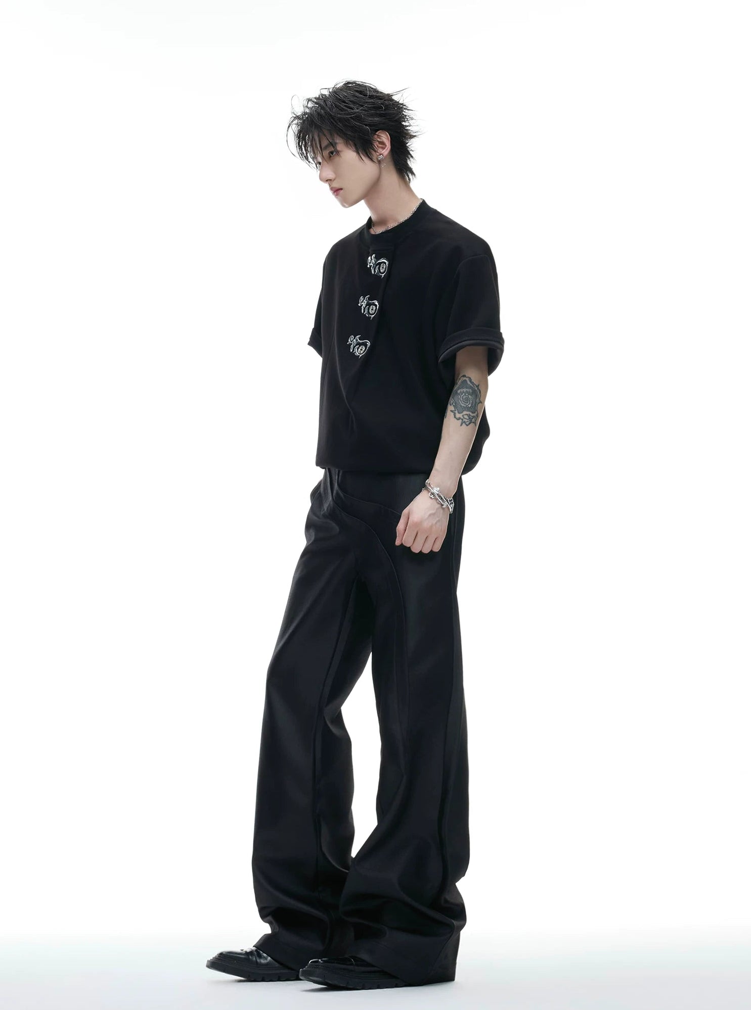 Asymmetric Placket Embroidered Tee