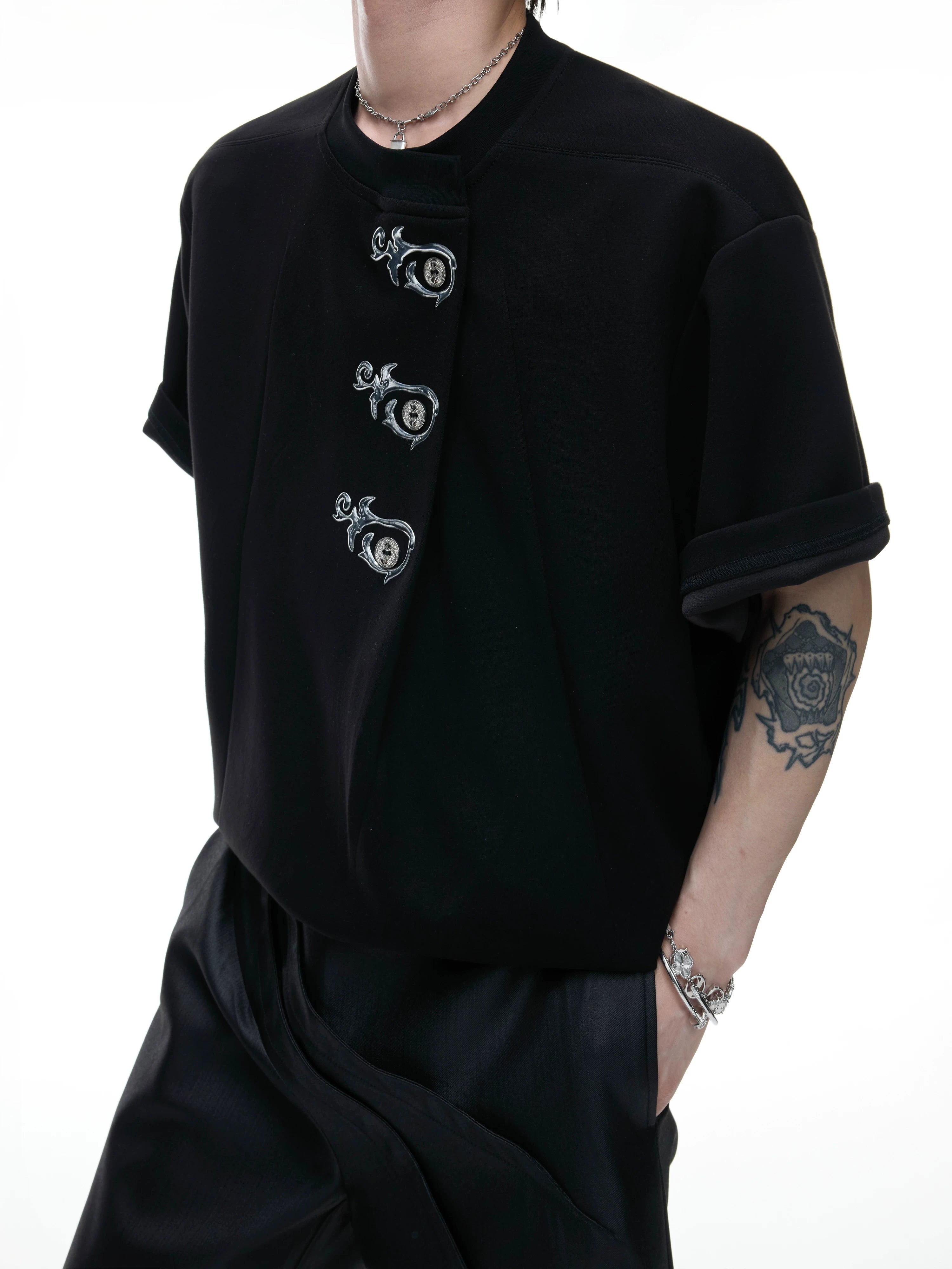 Asymmetric Placket Embroidered Tee
