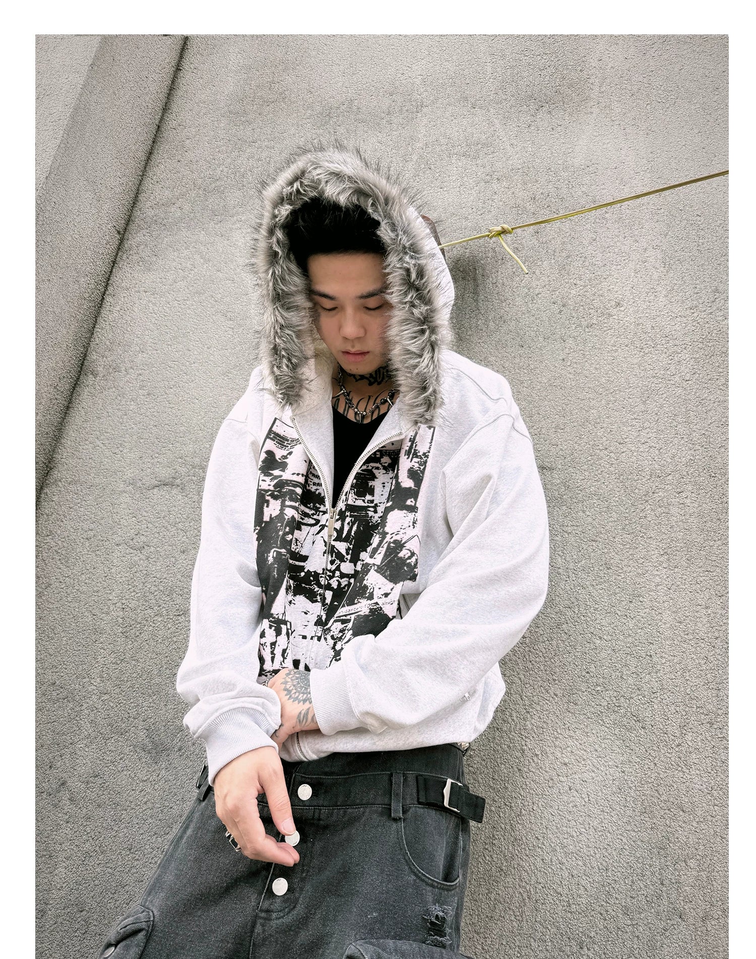 【26s Jan.】Vintage Printed Fur-Trim Zip-Up Hoodie Jacket