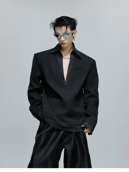 【25s Nov.】Simple Striped Patchwork V-neck Shirt