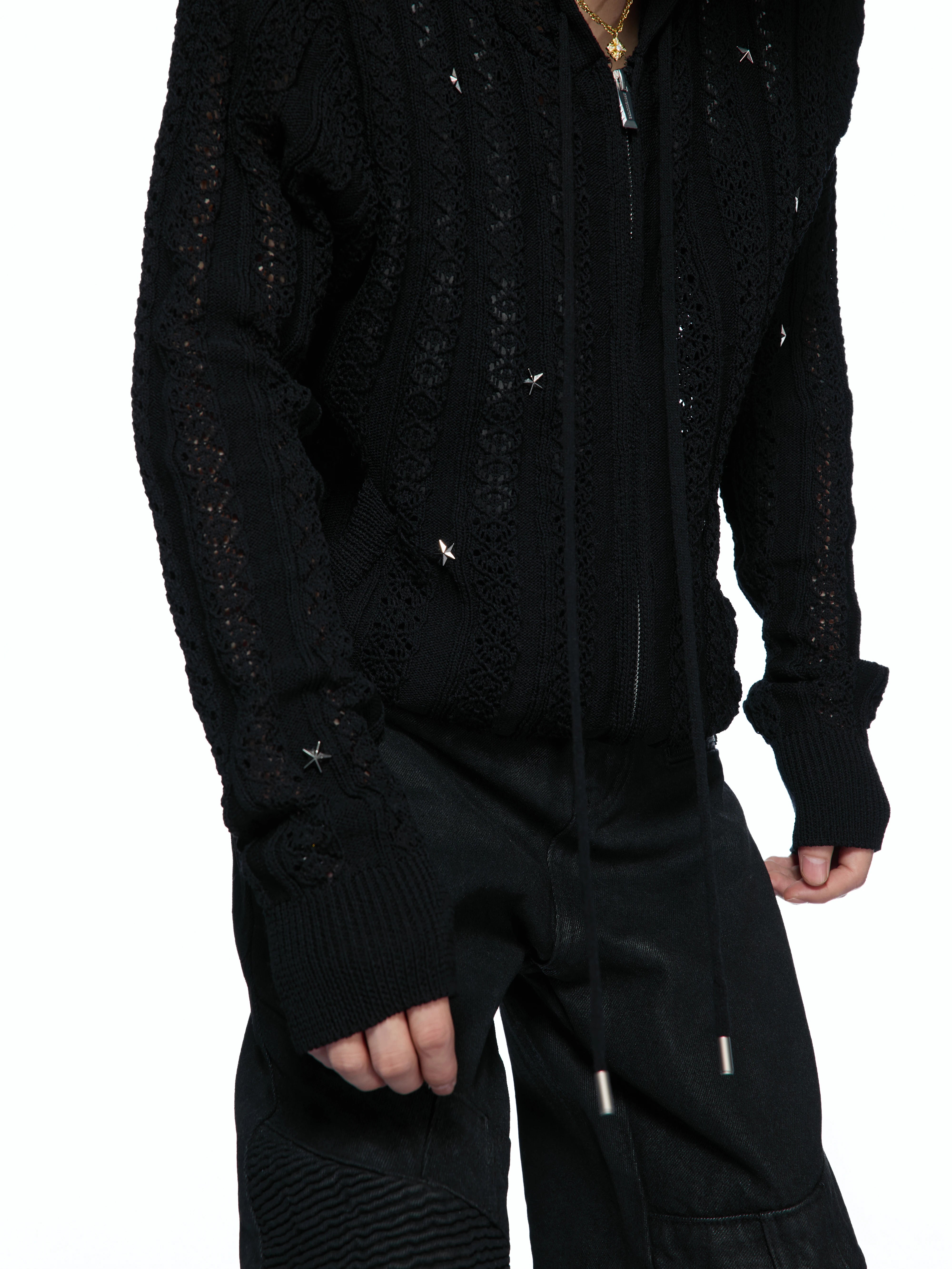 Slim Hollow-Out Star Studded Hooded Knit Zip Cardigan