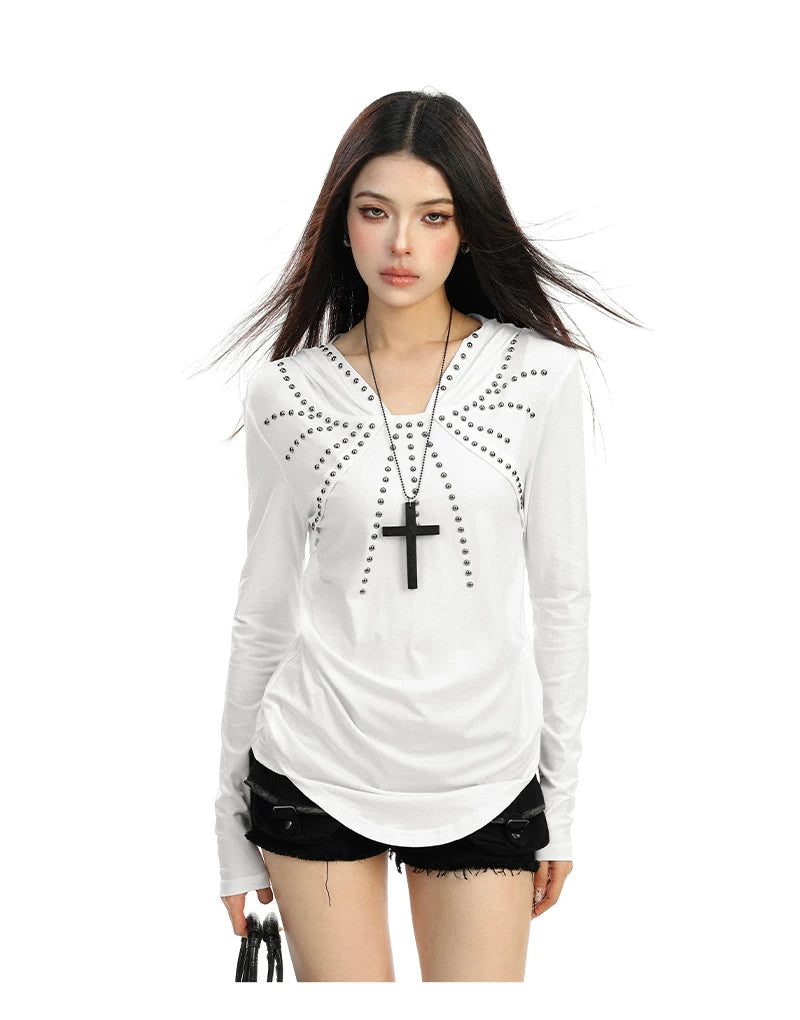 【26s Feb.】Studded Hooded Long-Sleeve Waist-Fit Top