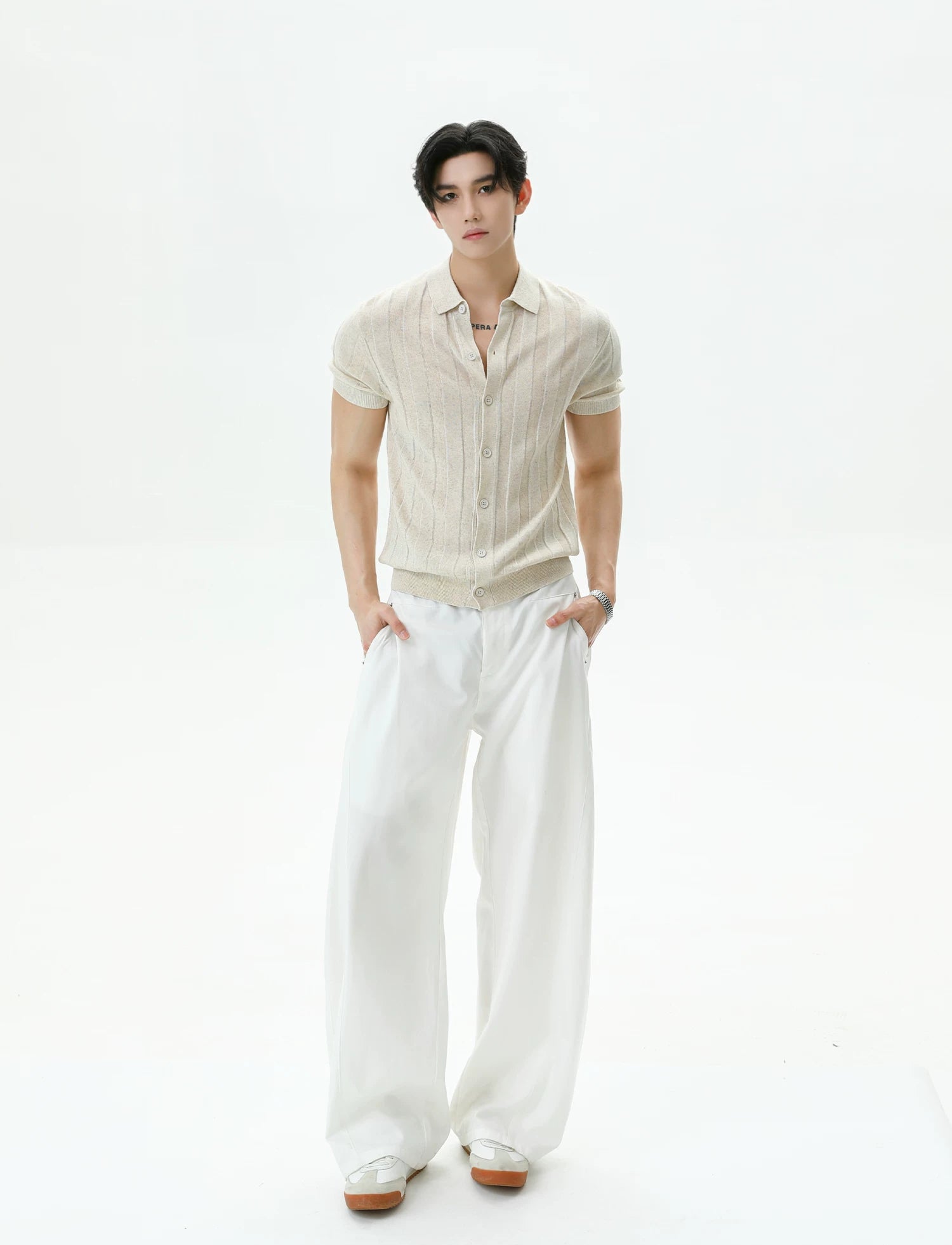 Ribbed Lyocell Knit Polo Cardigan