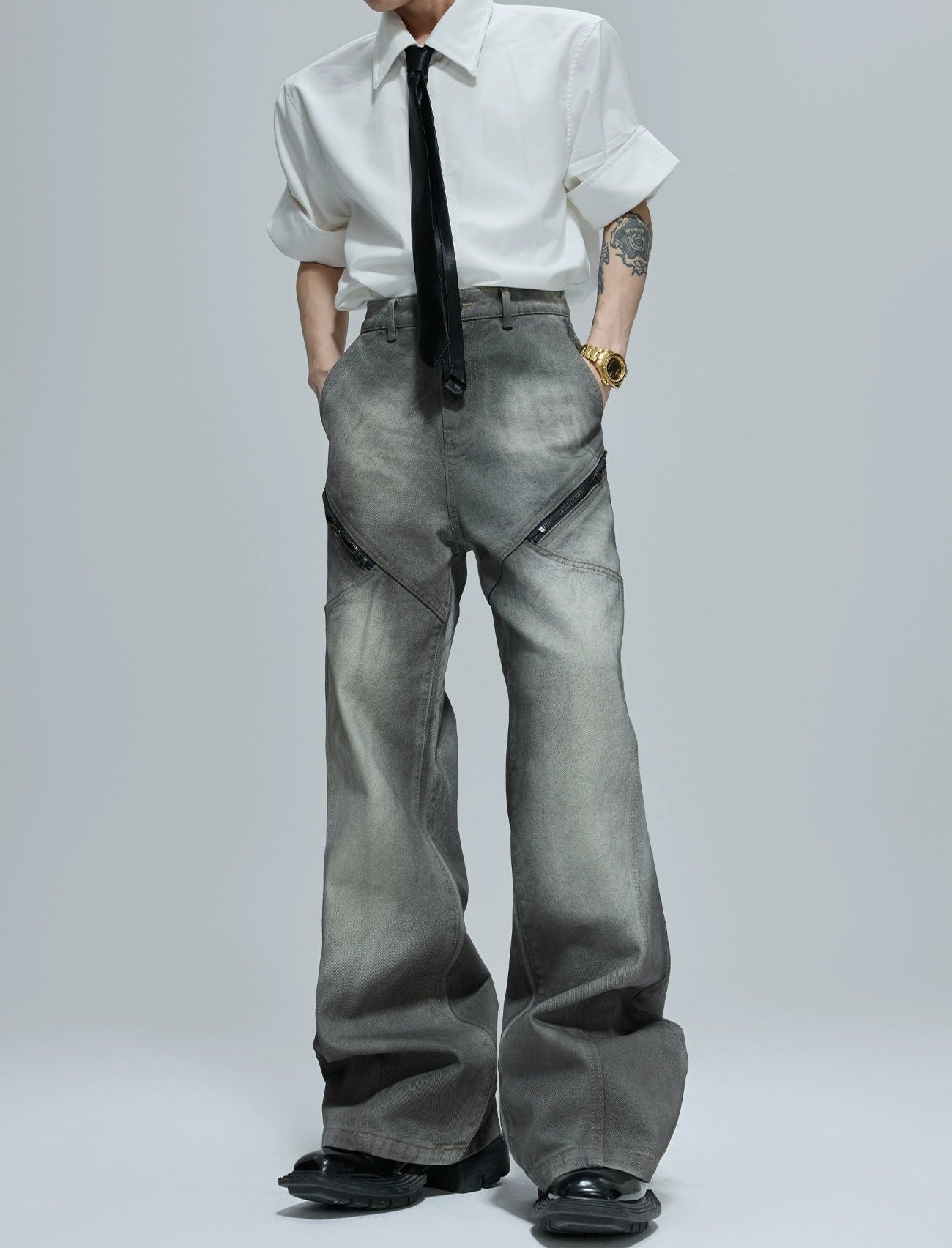 【25s Oct.】Wasteland-style Soft Denim Top/Deconstructed Zippered Flared Pants
