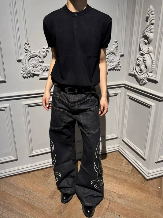 【25s Aug.】Snake Embroidered Wide-Leg Raw Denim Jeans