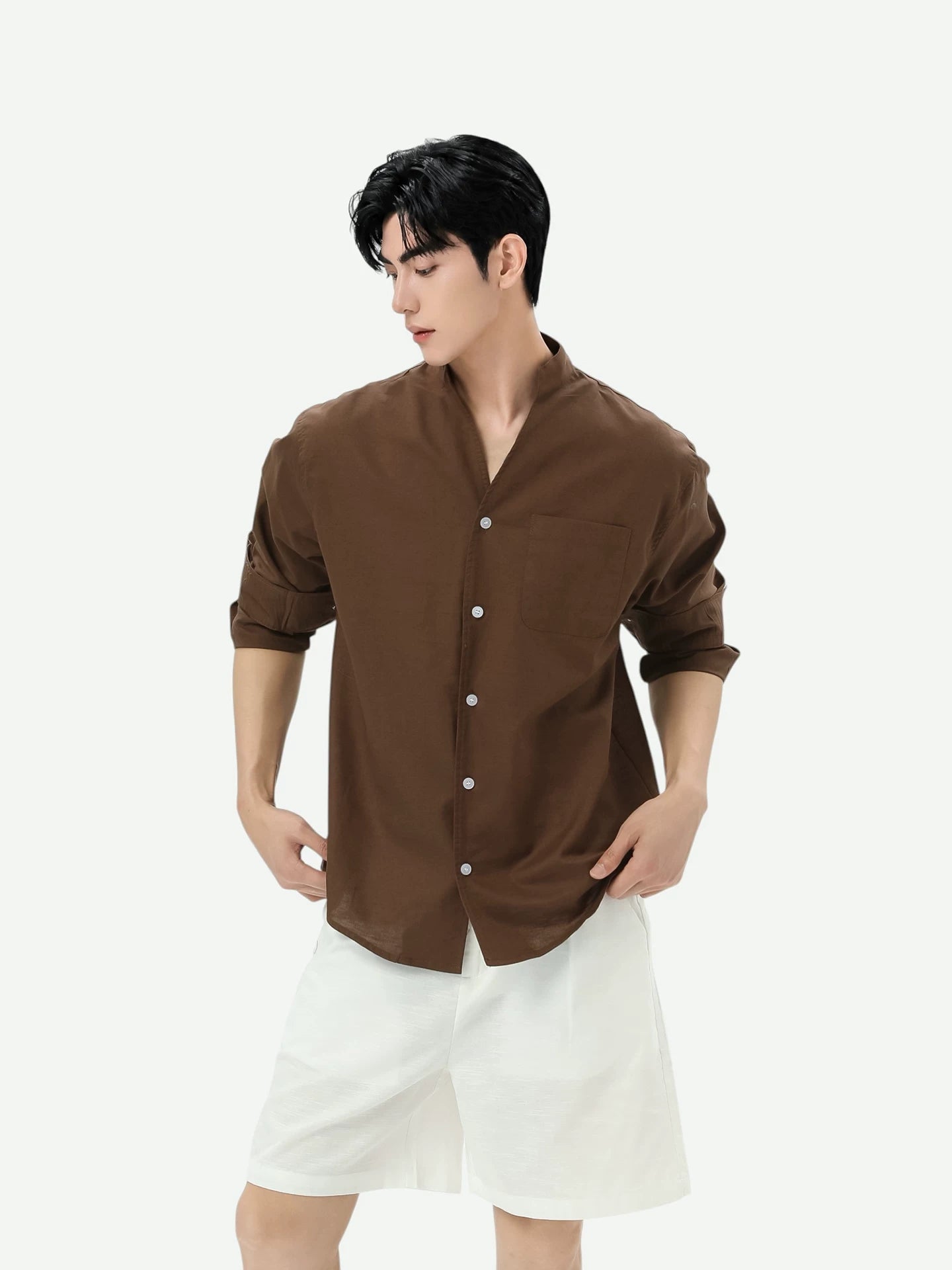 Stand Collar Linen Clean Fit Shirt