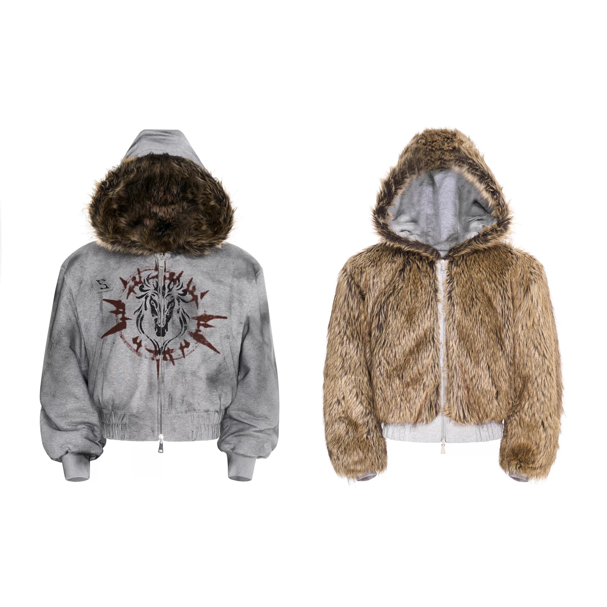 Reversible Hand-painted Thorn Plush Sweatshirt Jacket