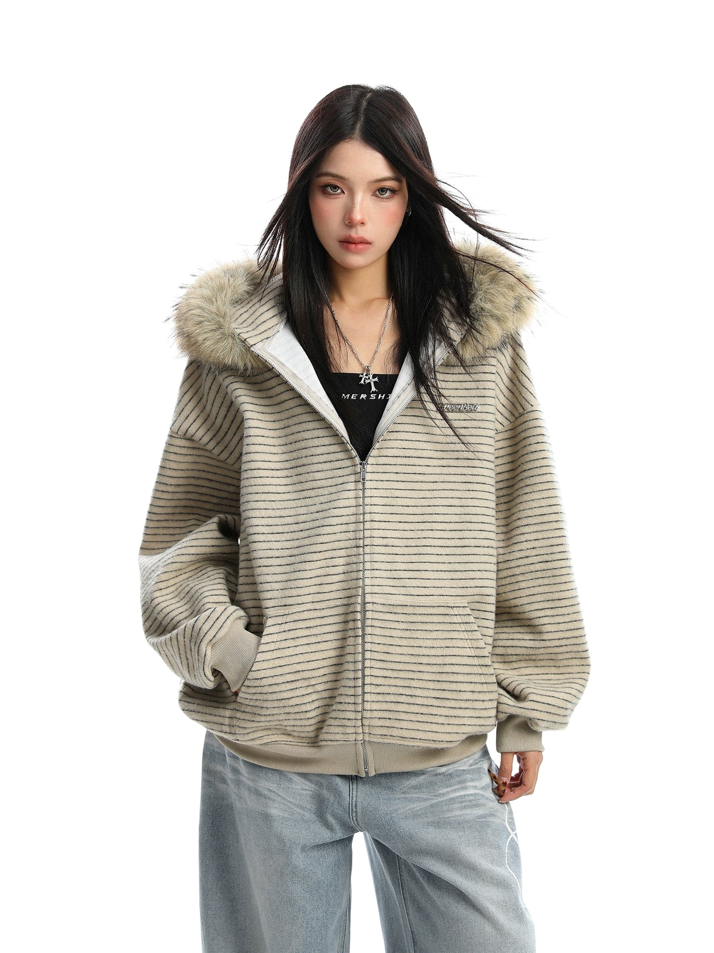 【25s Nov.】Striped Detachable Fur Collar Hooded Sweatshirt