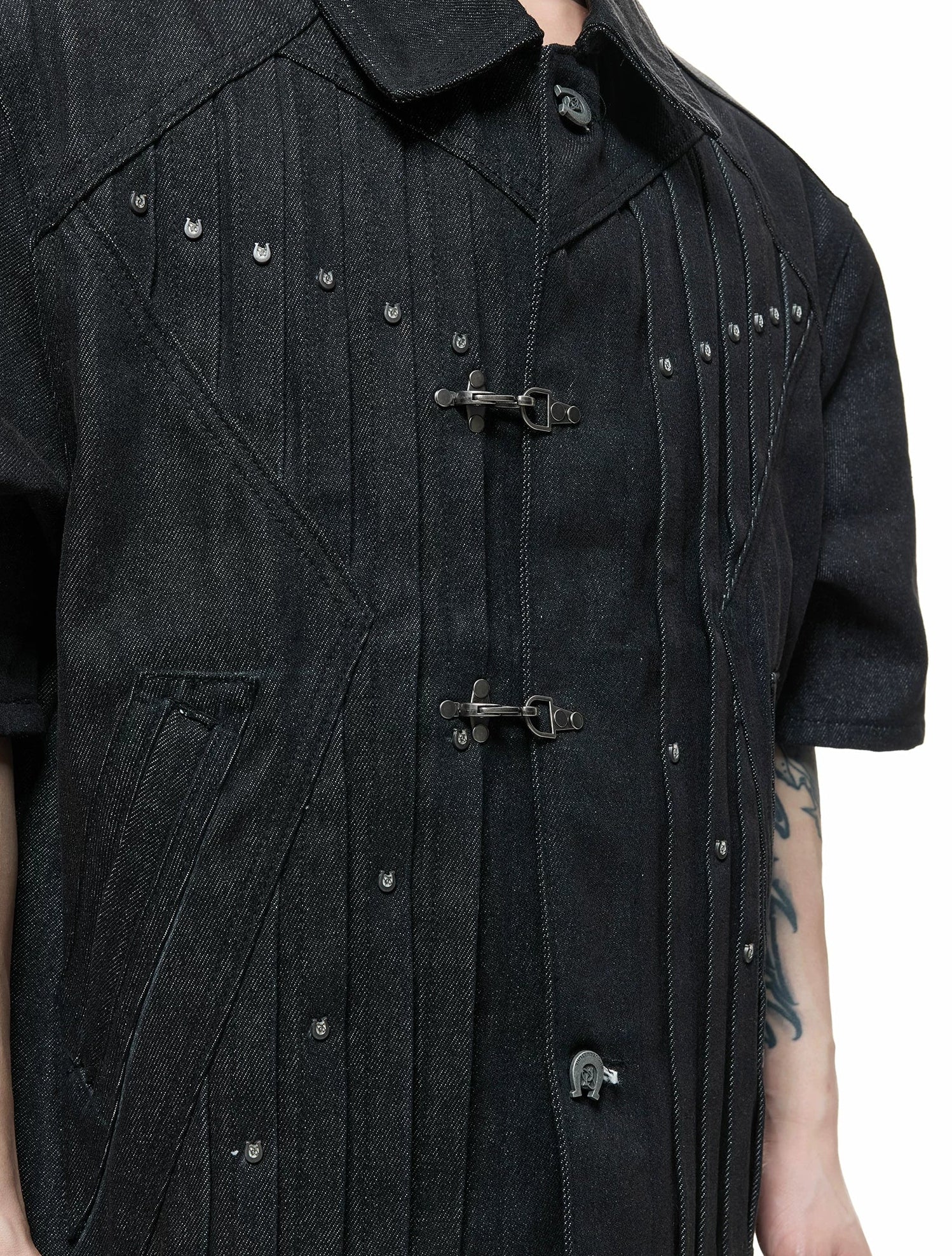 【26s Apr.】Horseshoe-Buckle Ruched Short-Sleeve Denim Jacket / Jeans