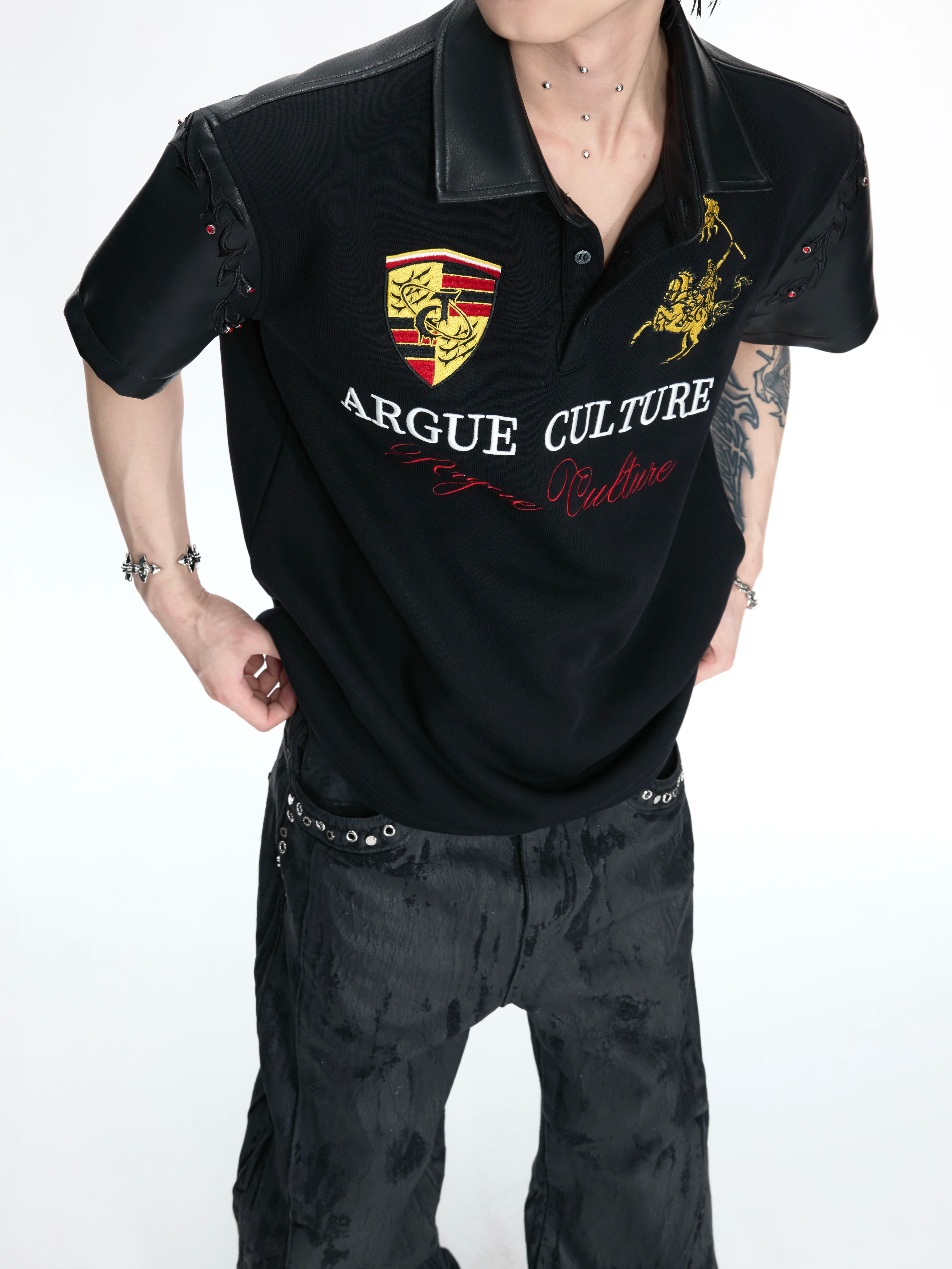 Leather Panel Studded Polo Tee