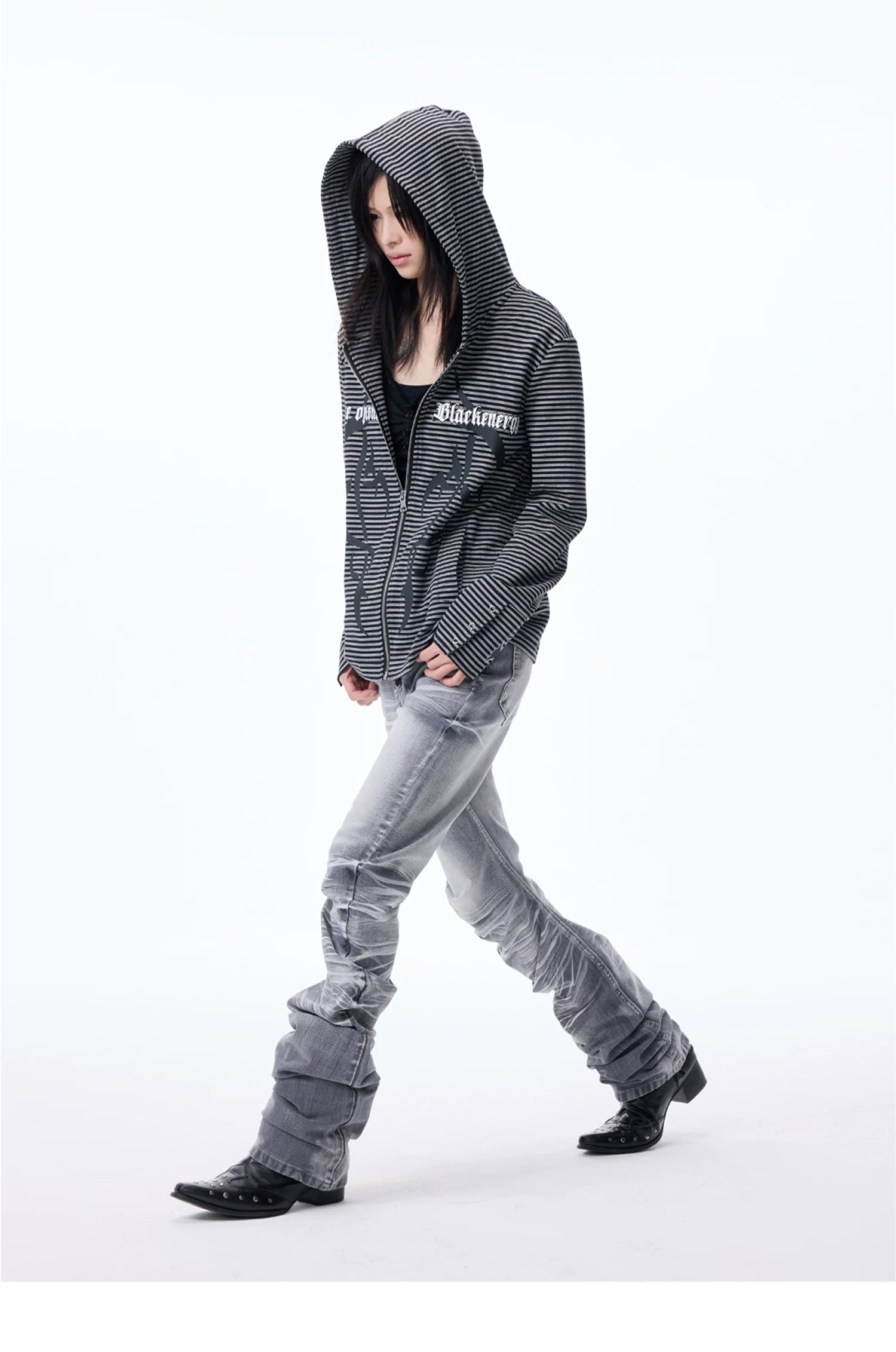 Striped Graphic Cropped Zip Hoodie