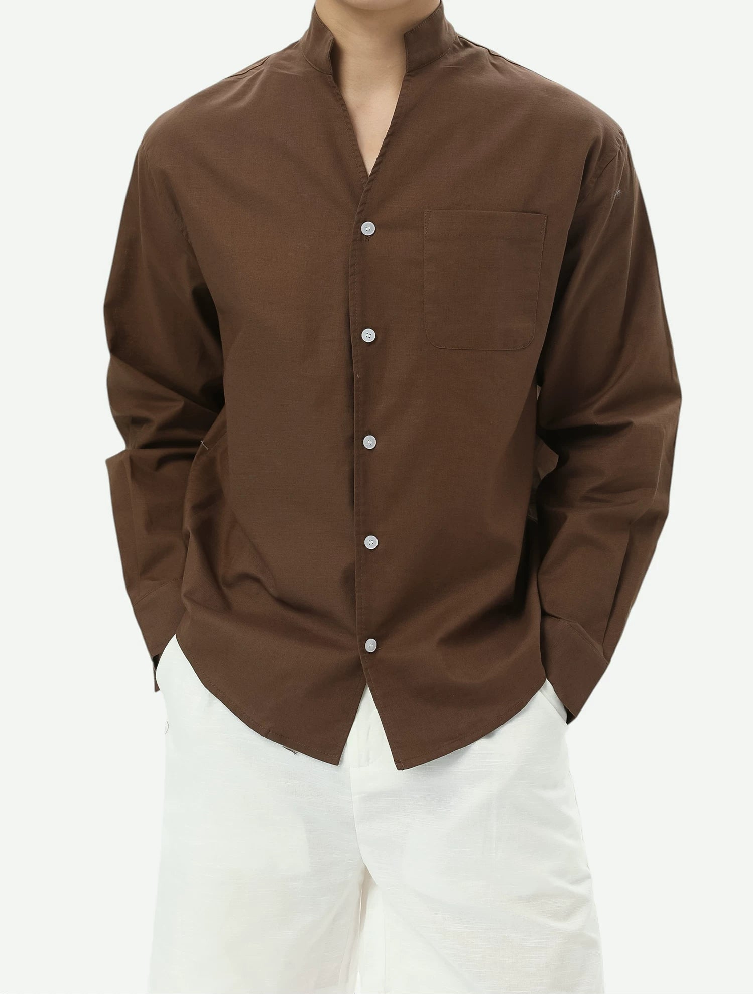 Stand Collar Linen-Texture Shirt