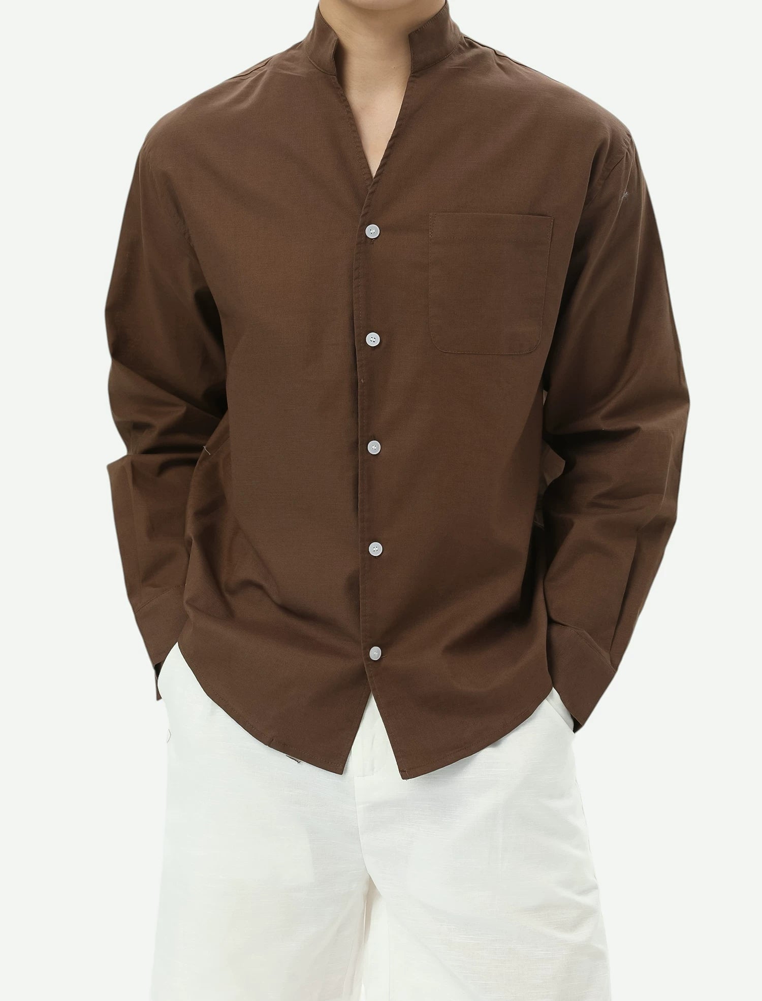 Stand Collar Linen Clean Fit Shirt