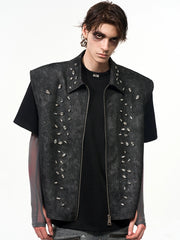 【25s Jun.】Vintage Sleeveless Diamond Zipper Vest