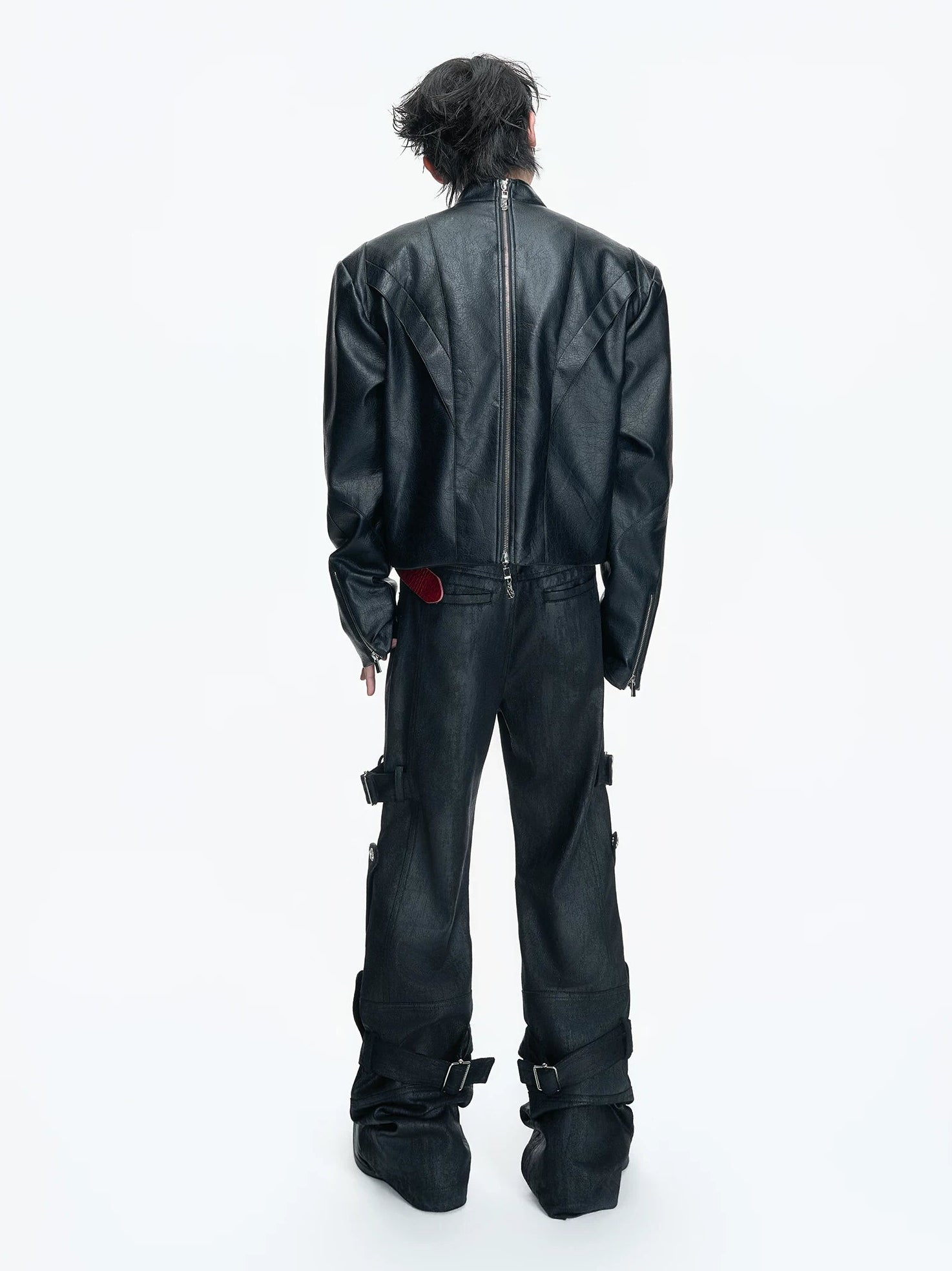 【26s May】Waxed Distressed Zip Panel Straight Denim Pants