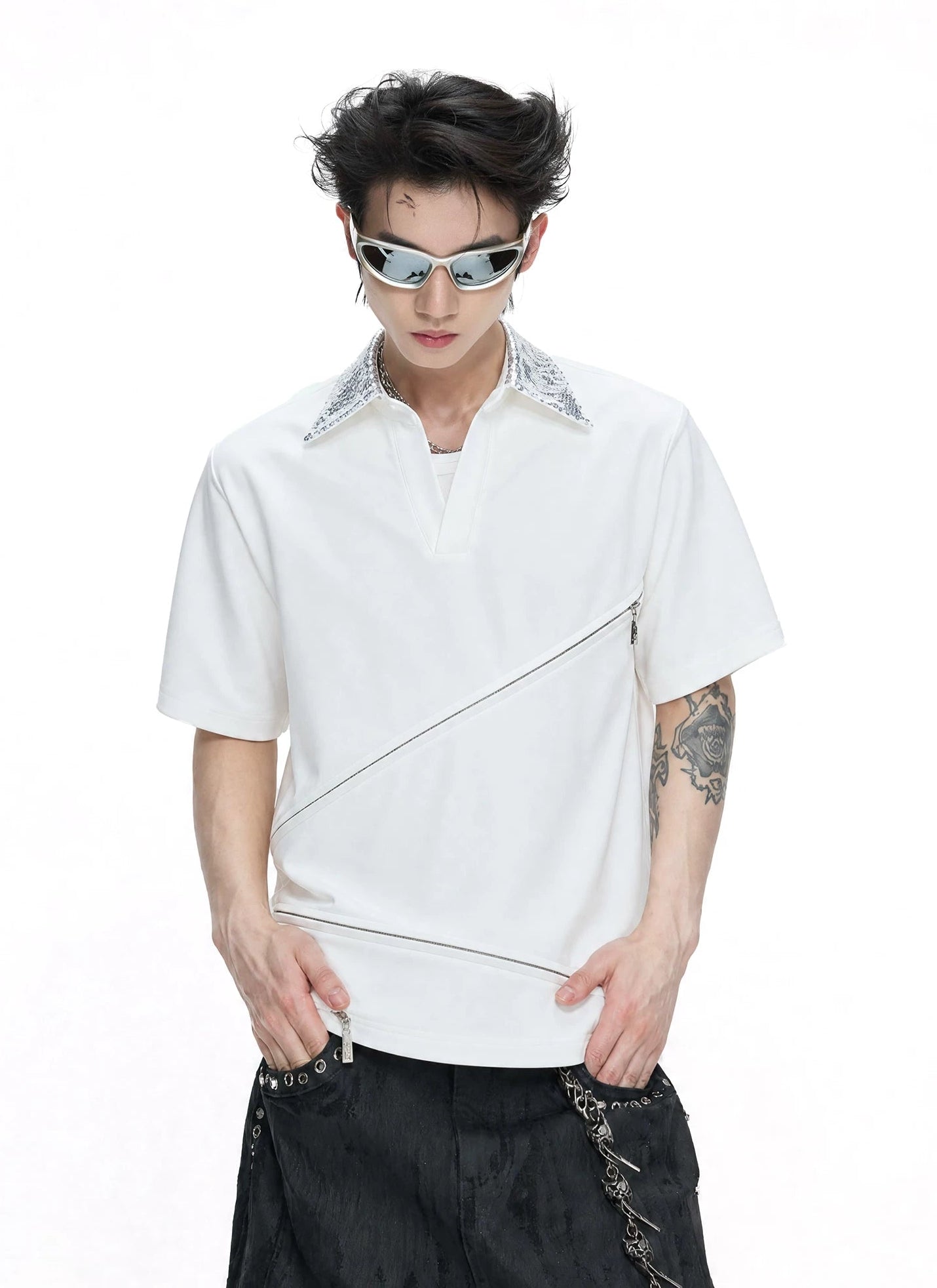 Asymmetric Zip Sequin Polo Tee