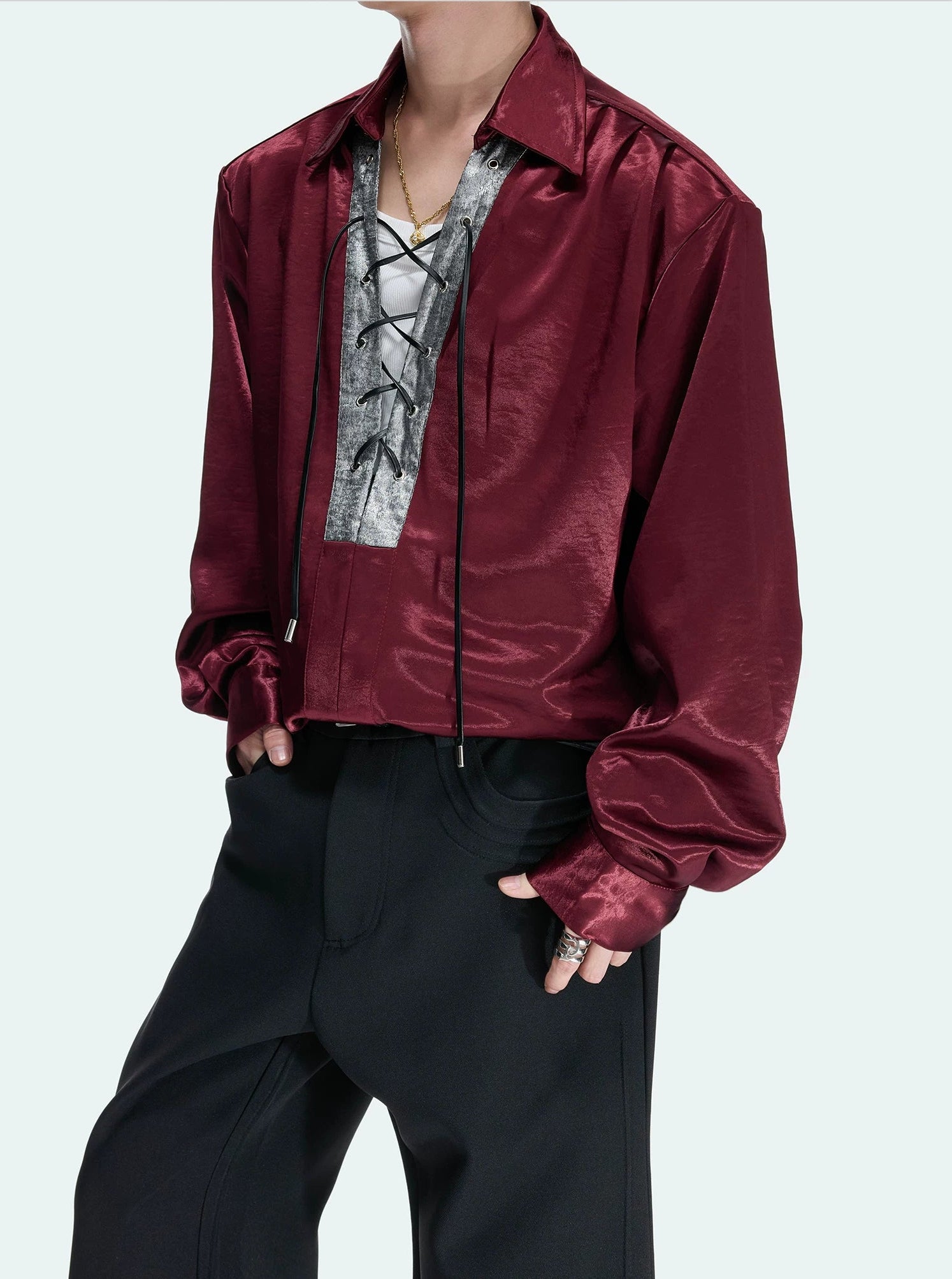 Contrast Lace-Up Satin V-Neck Shirt
