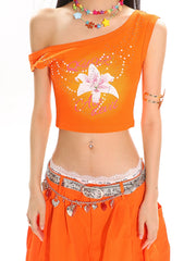 【25s June.】Floral Rhinestone Asymmetric Crop Top
