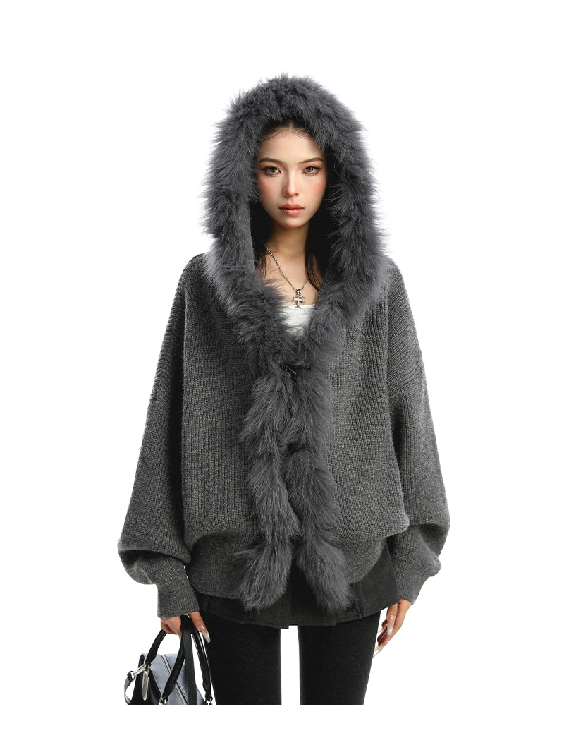 【25s Nov.】Large Fur Collar Patchwork Hooded Knit Sweater