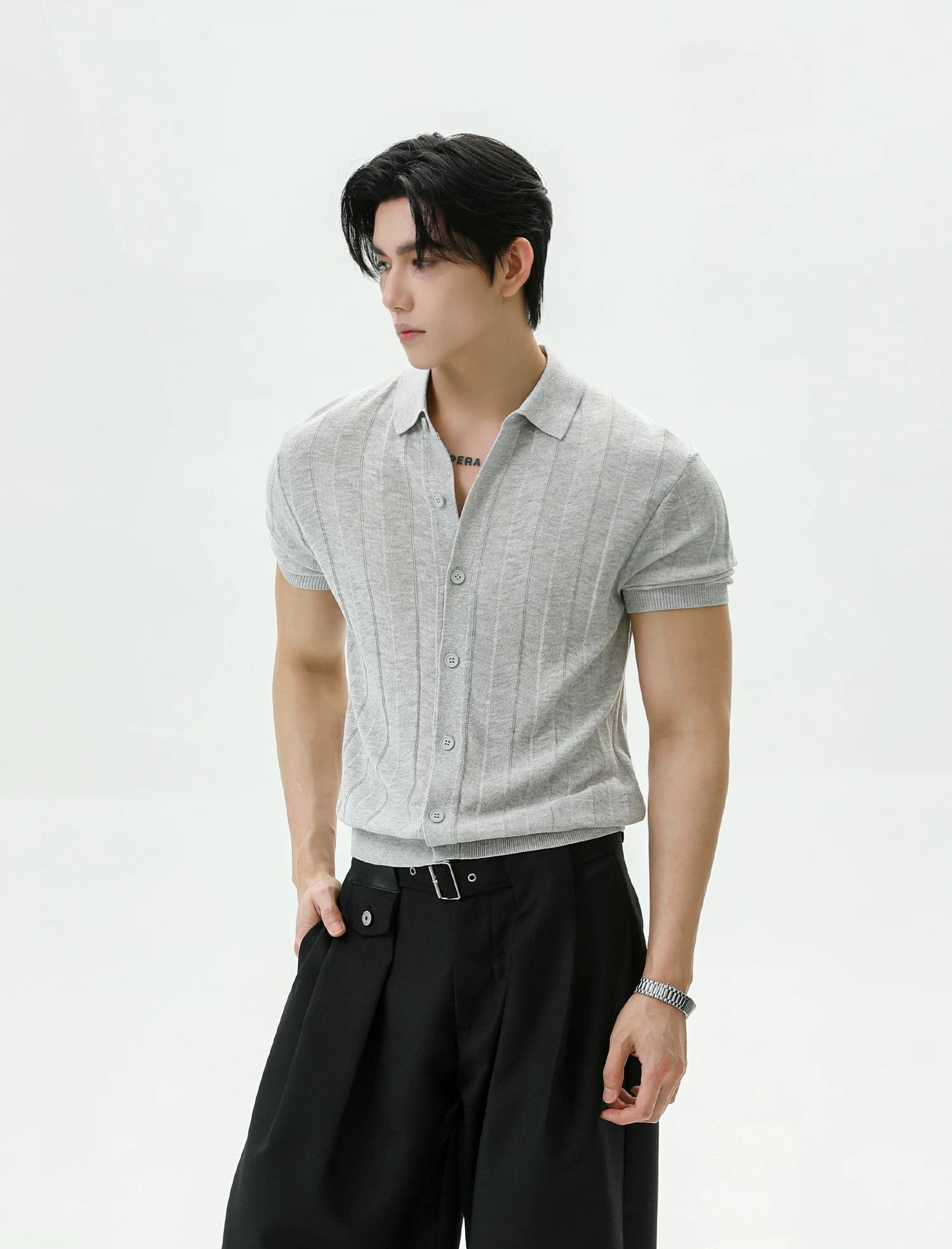 Ribbed Lyocell Knit Polo Cardigan