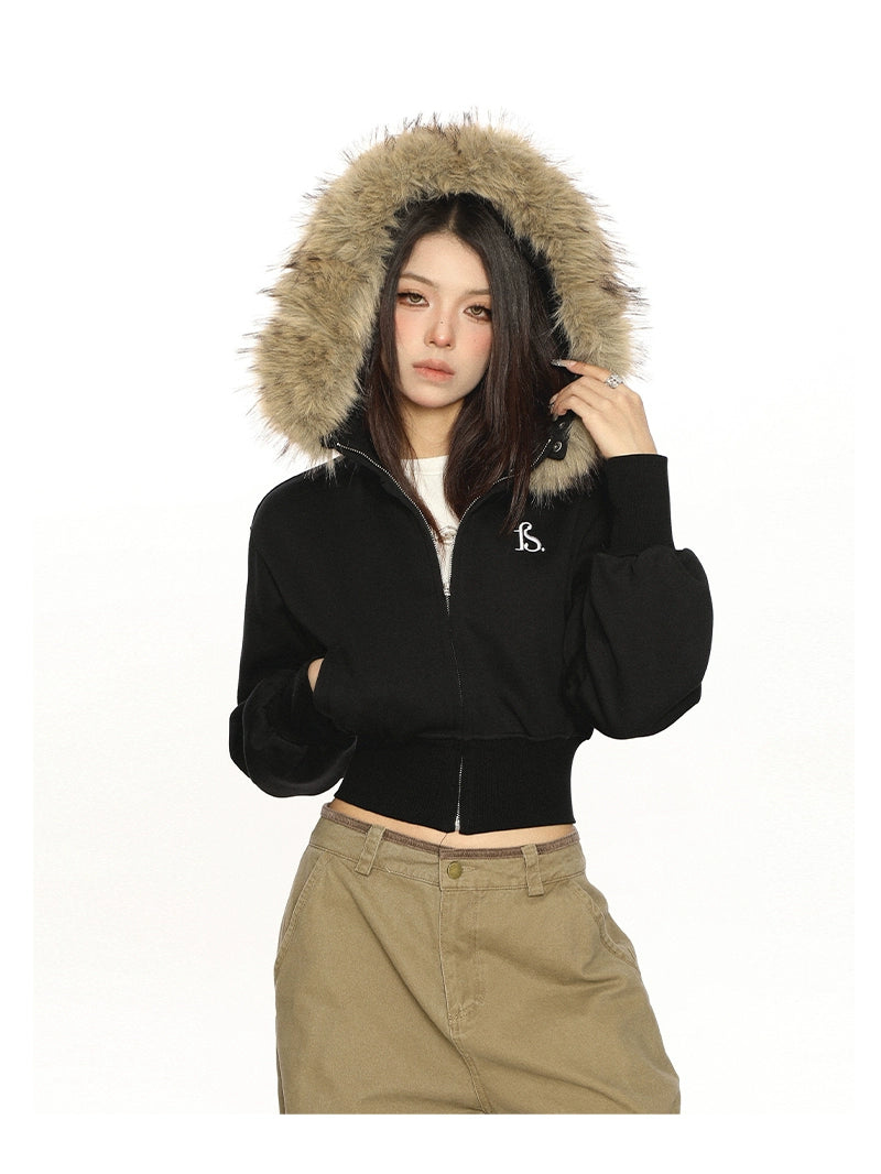 【25s Nov.】Detachable Fur Collar Hooded Short Jacket