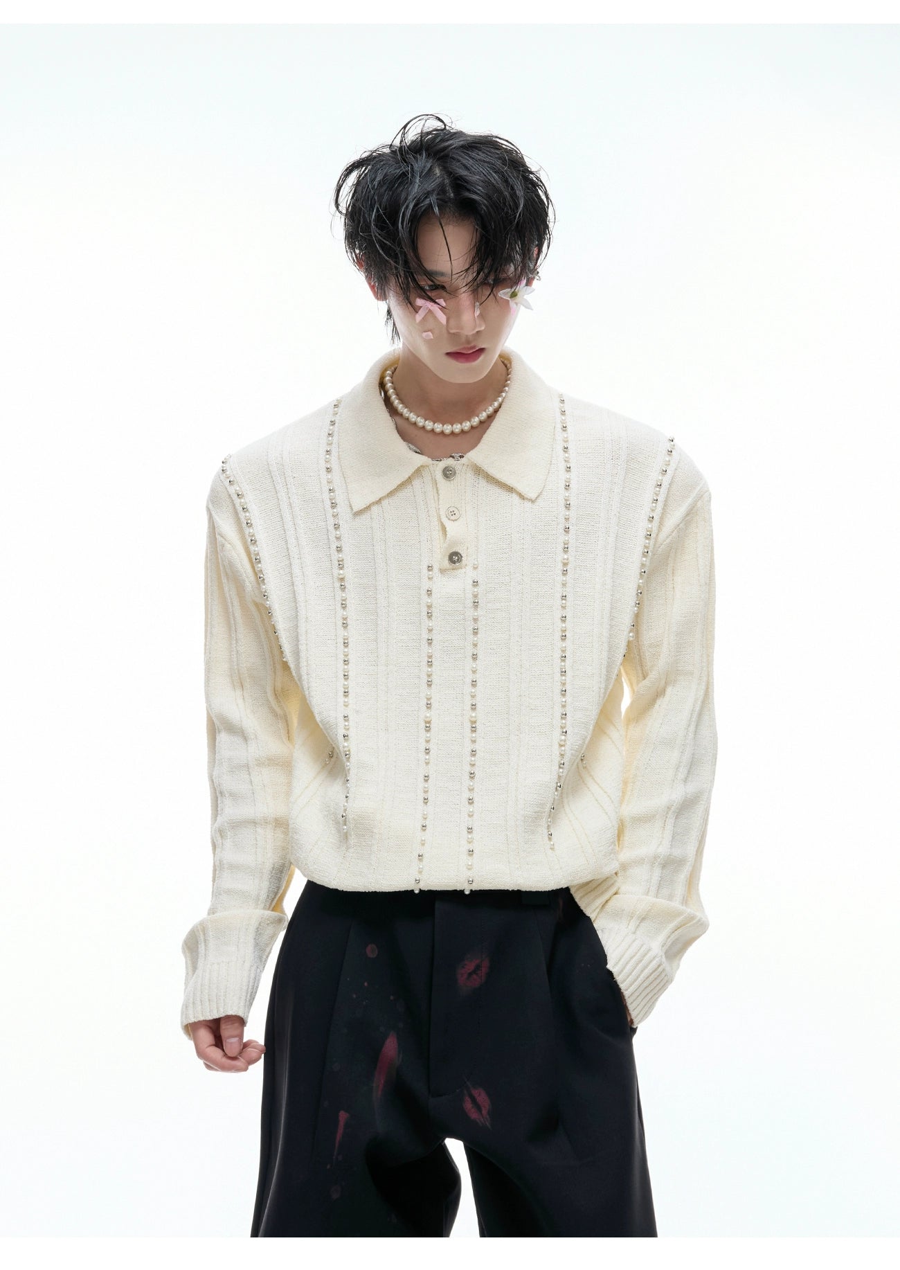 【25s Aug.】Pearl-Embellished Knit Polo Shirt
