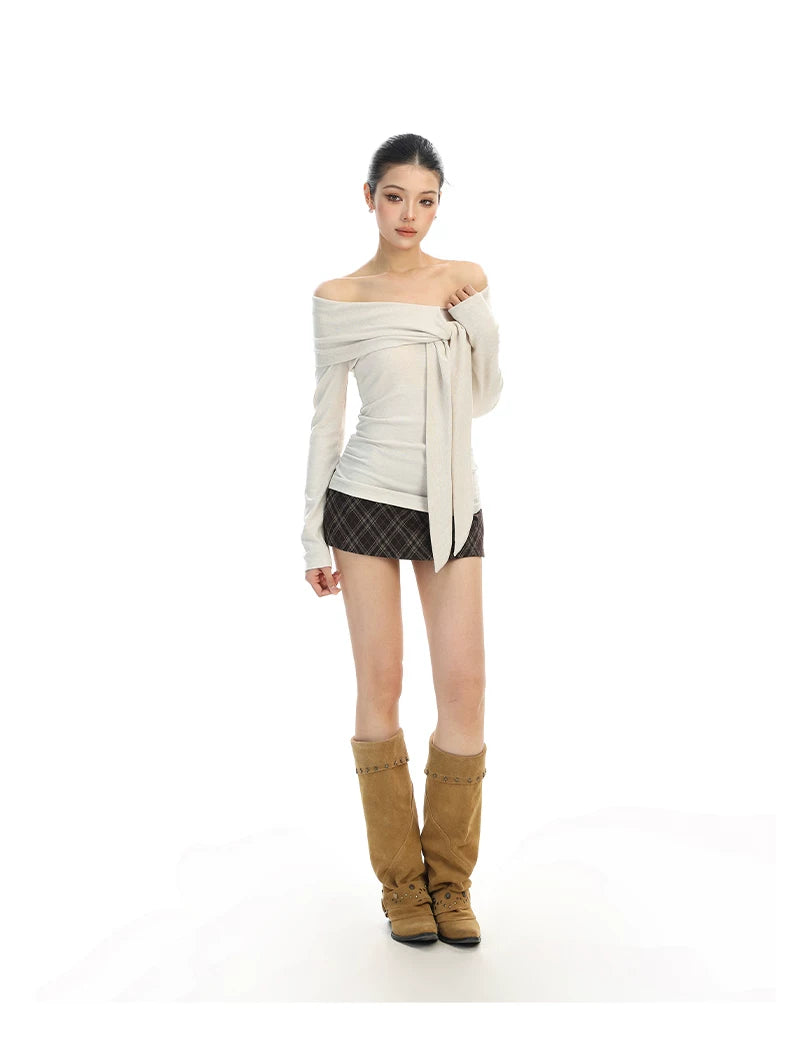【26s Feb.】Ribbon Off-Shoulder Long-Sleeve Slim Fit Top