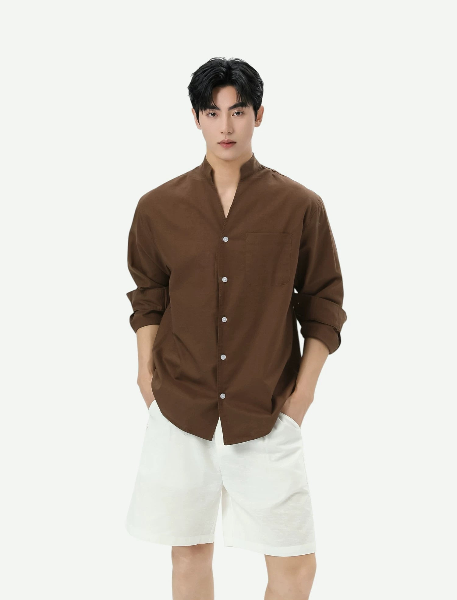 Stand Collar Linen-Texture Shirt