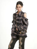 【25s Sep.】Zip-Up Hollow Plaid Loose Shirt