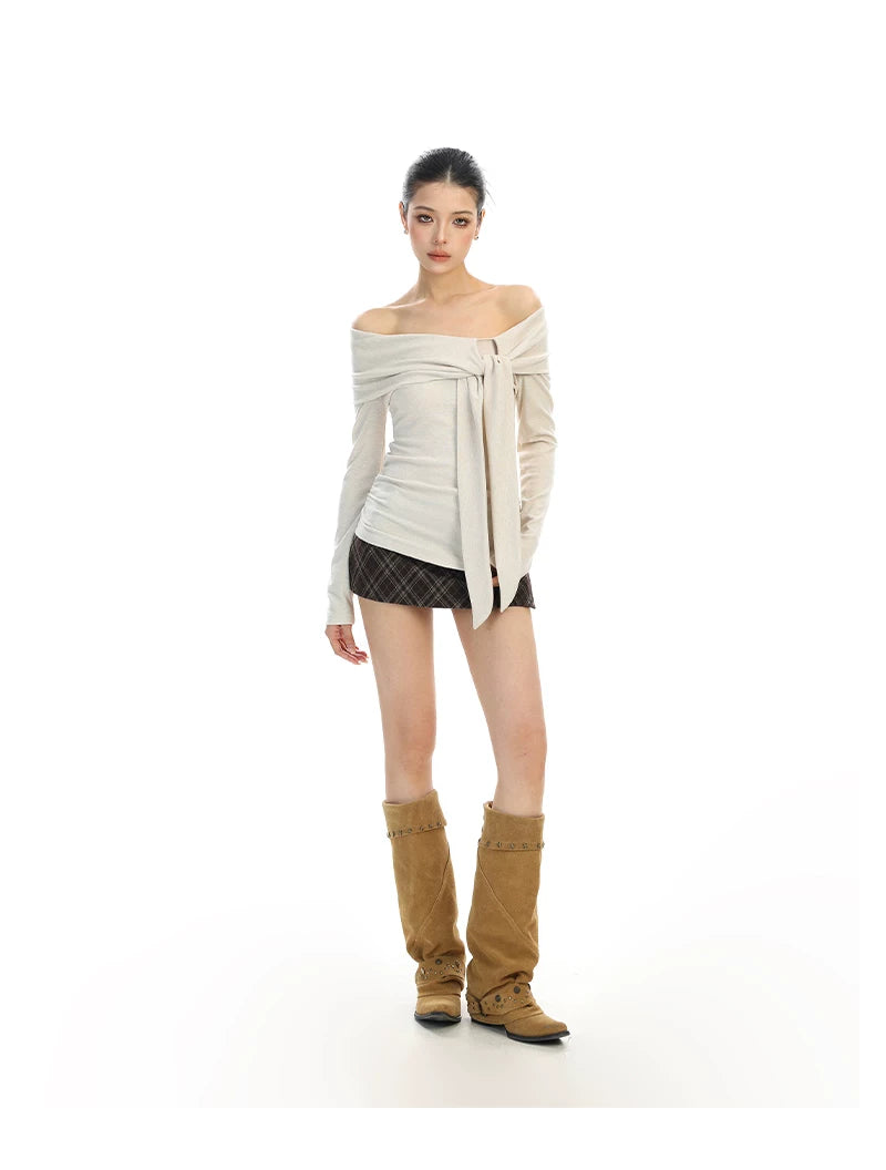 【26s Feb.】Ribbon Off-Shoulder Long-Sleeve Slim Fit Top