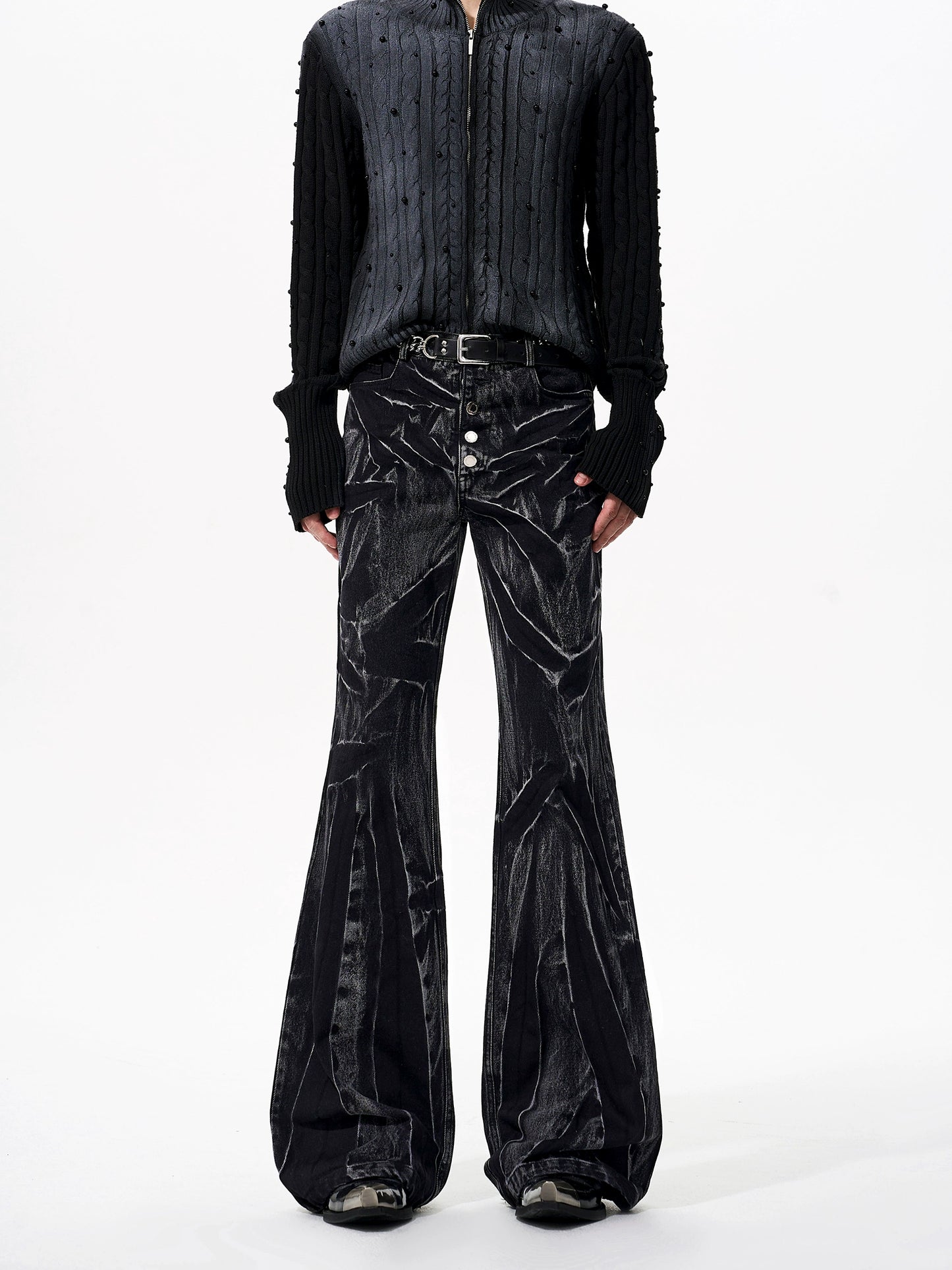【25s Oct.】Water Ripple Dark Style Distressed Jeans