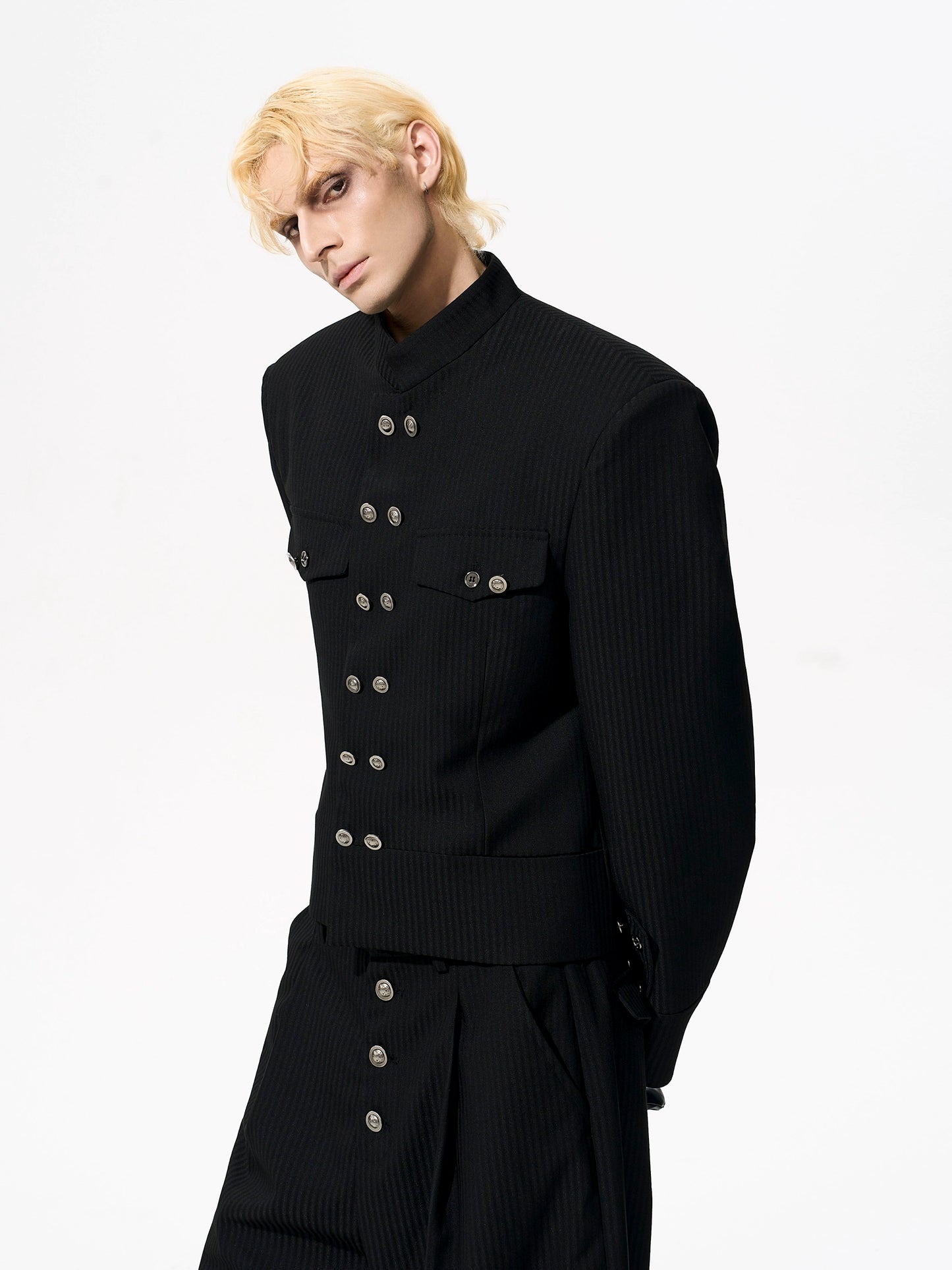 【25s Nov.】Vertical Striped Double-breasted Stand-up Collar Jacket / Pants