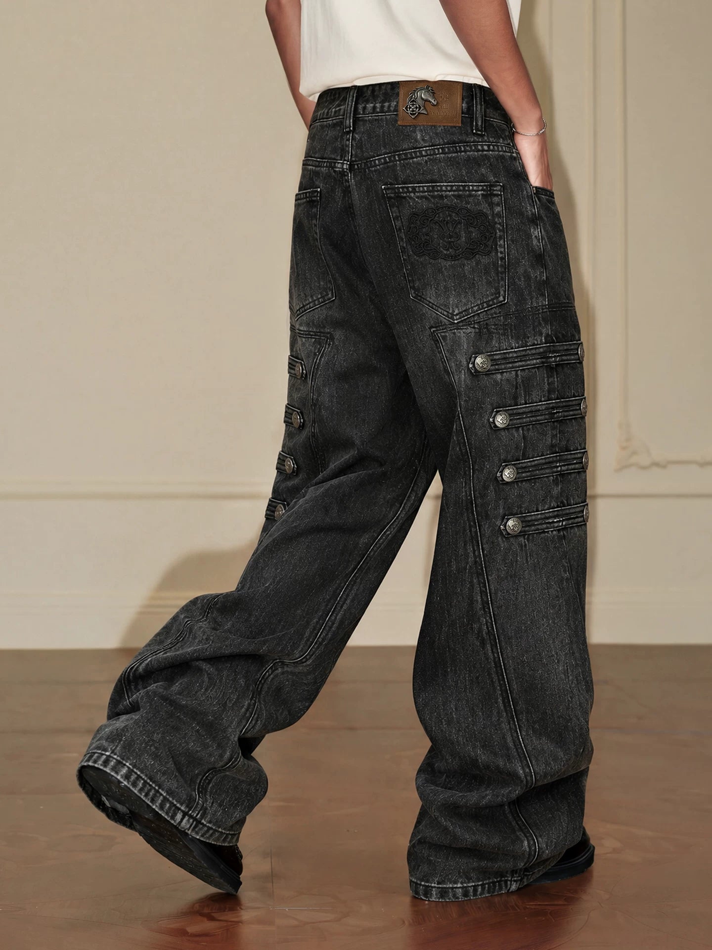 Vintage Washed Wide-Leg Cargo Jeans
