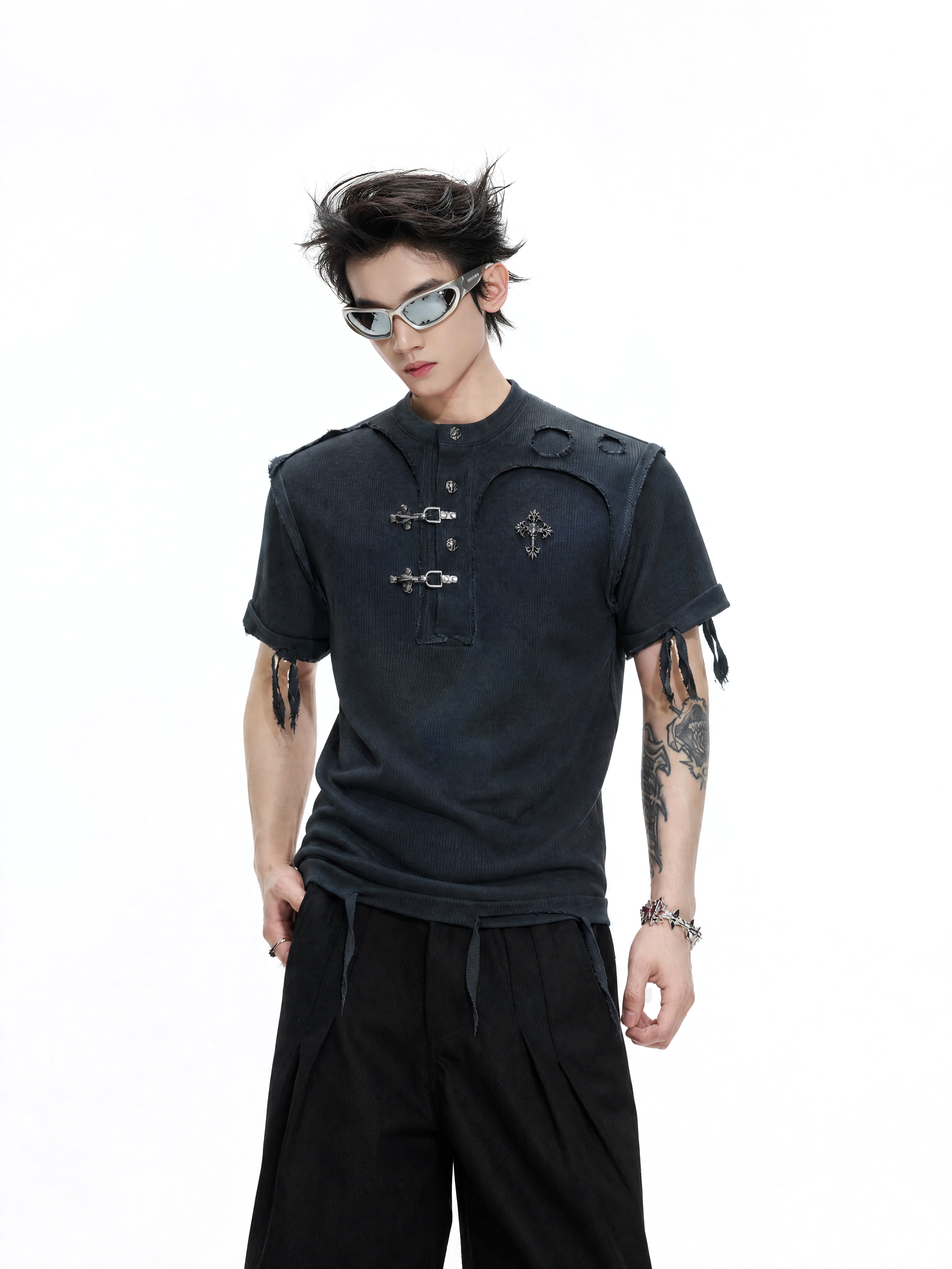 Distressed Rib Texture Henley Tee