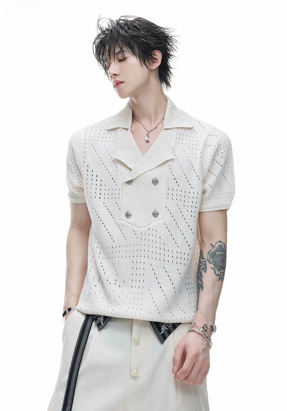 Openwork Embroidered Knit Polo Tee