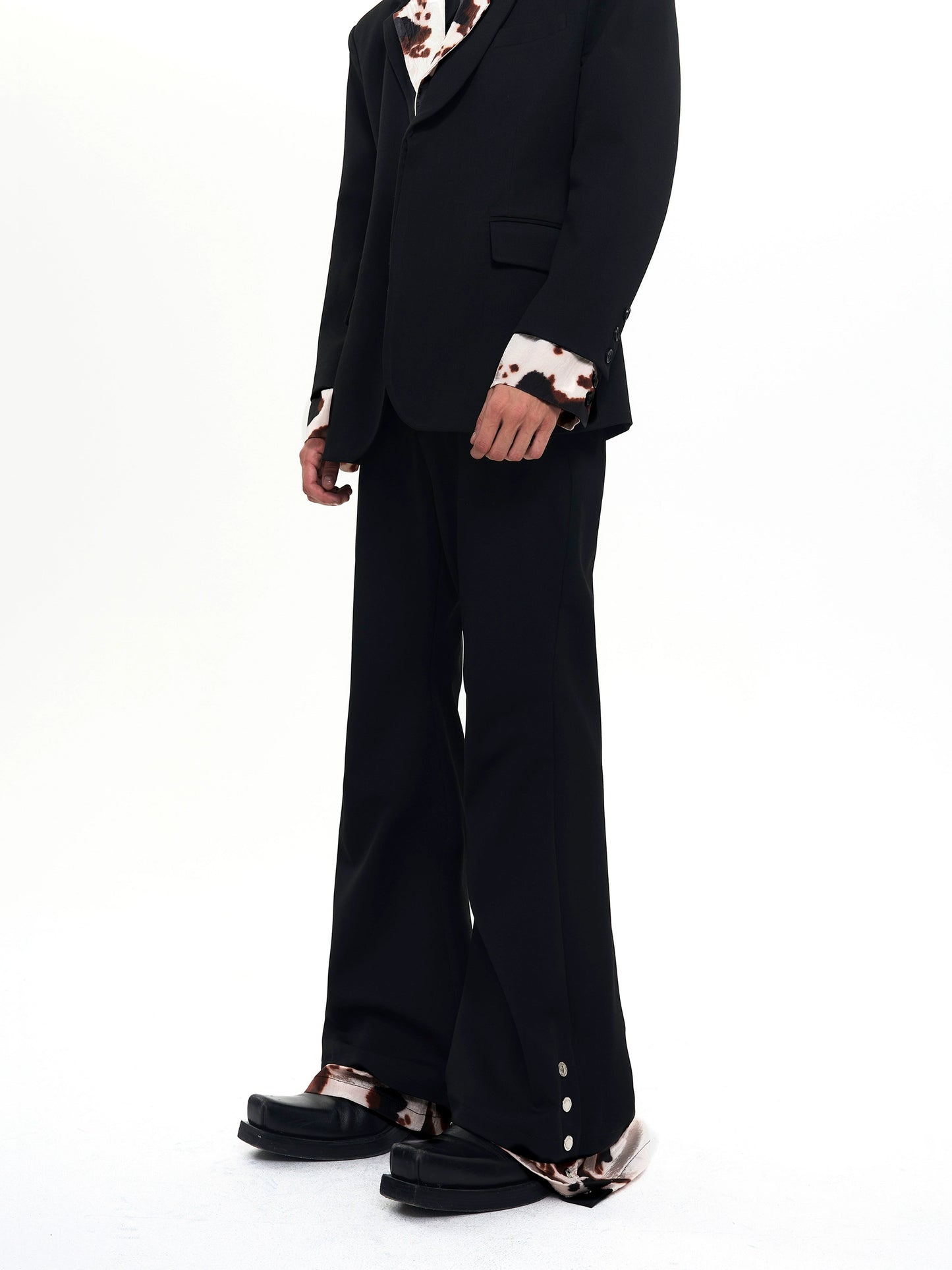 【25s Aug.】Black Flared Two-Layer Pants with Cow Print Panels