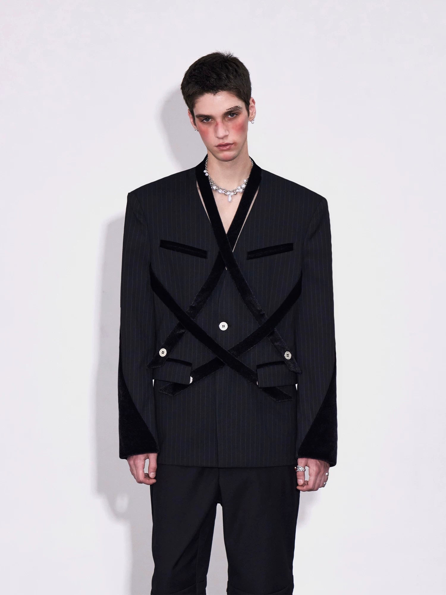 【26s Apr.】Deconstructed Stripe Panel V-Neck Tailored Jacket