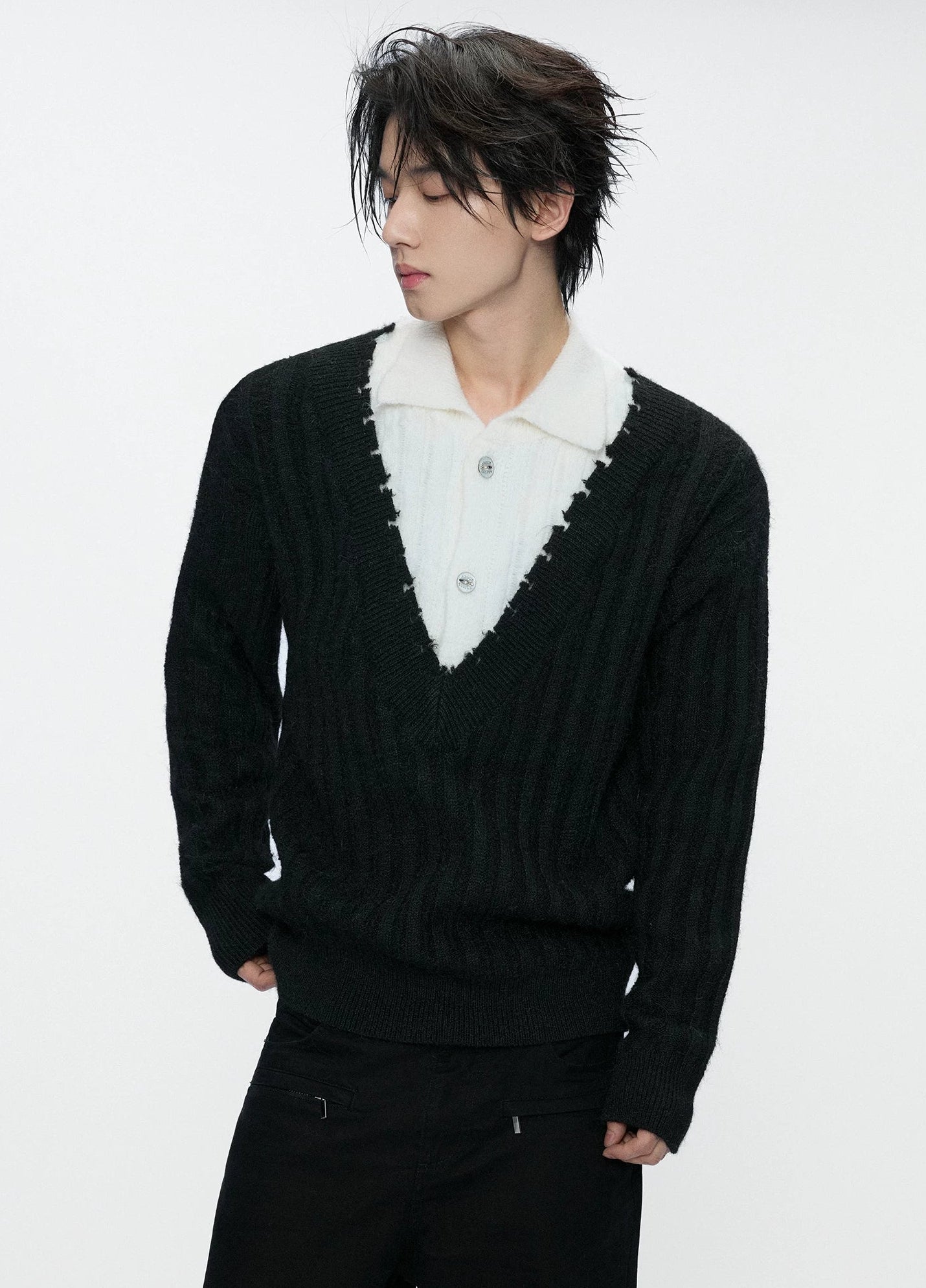 Double Collar Contrast Ribbed Wool Sweater