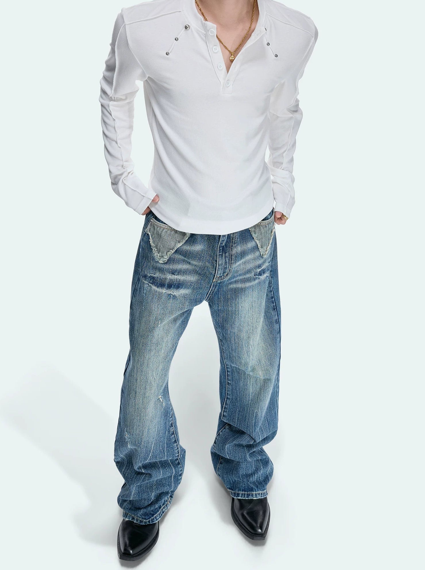 Deconstructed Studded Henley Tee