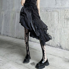 Rose Hollow Mesh Black Stockings