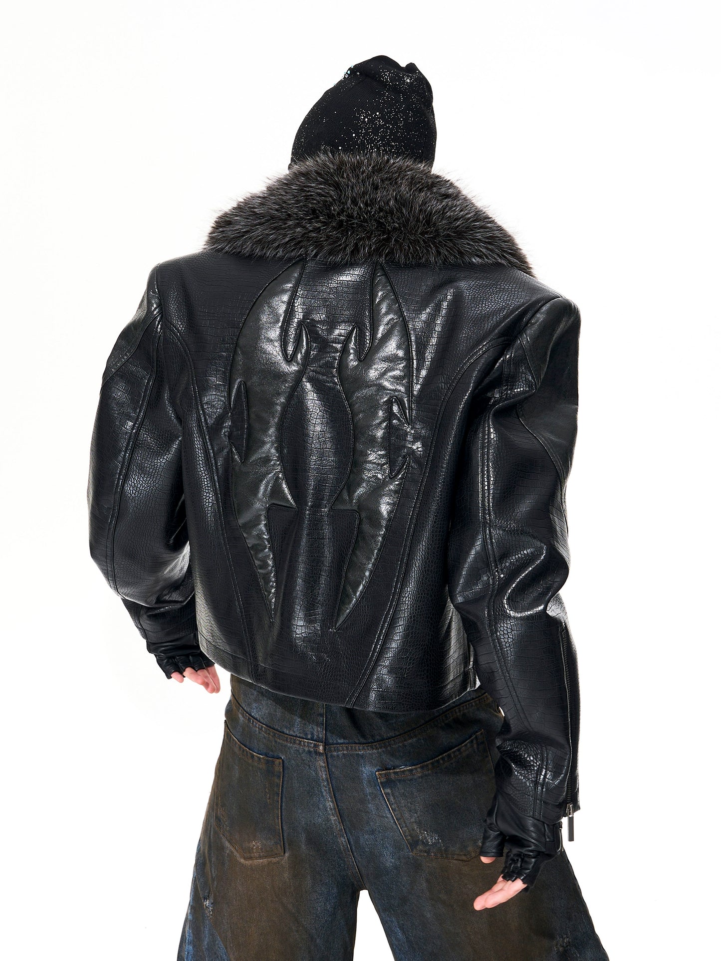 Crocodile Fur Collar Short Leather Jacket
