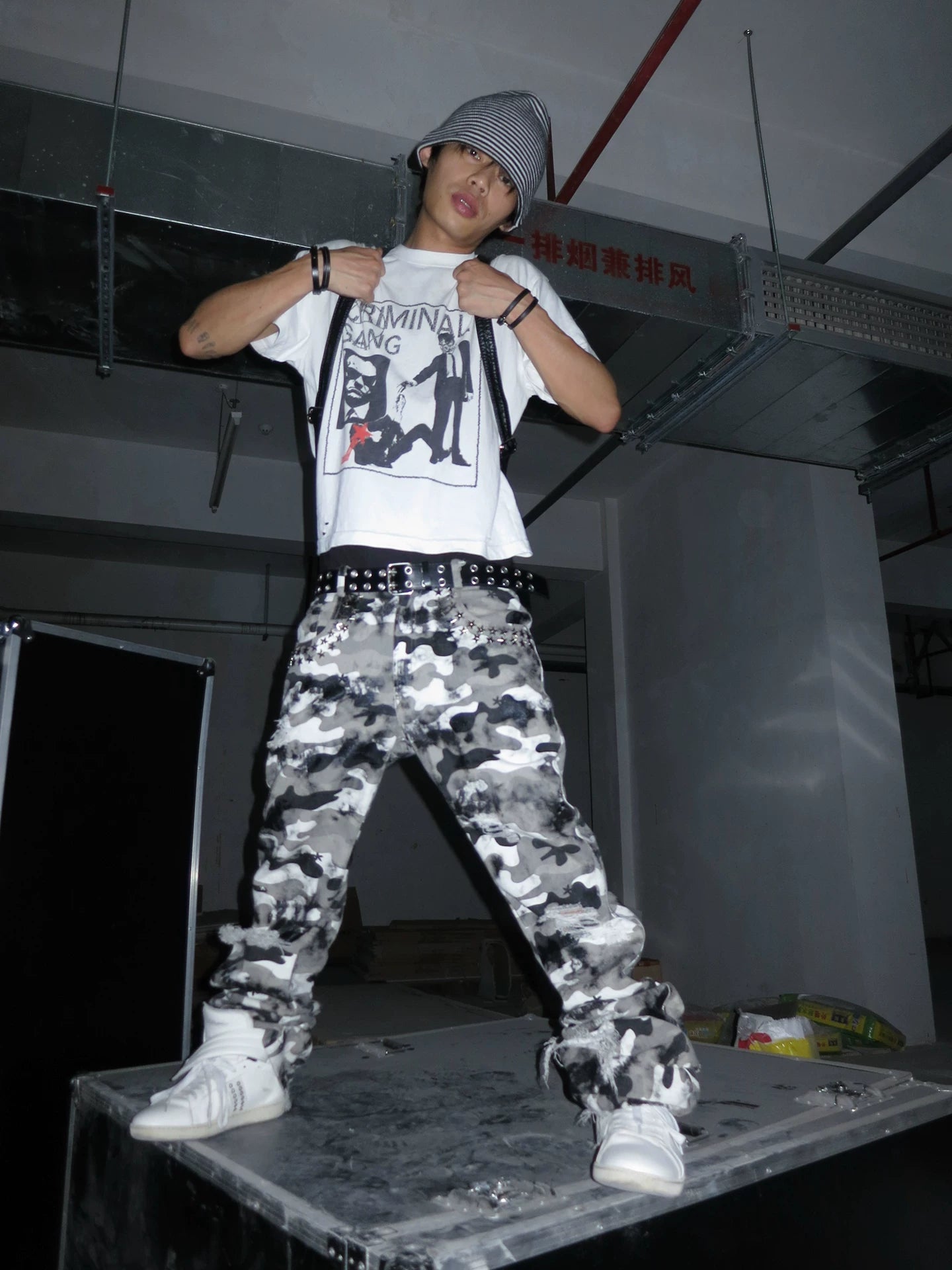 Waxed Camo Curved Flared Pants