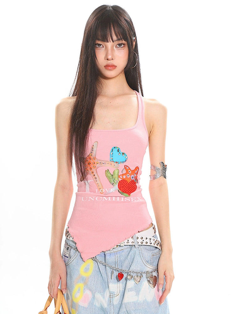 【25s Jun.】Starfish Rhinestone Lace Hollow-Out Asymmetrical Hem Tank Top