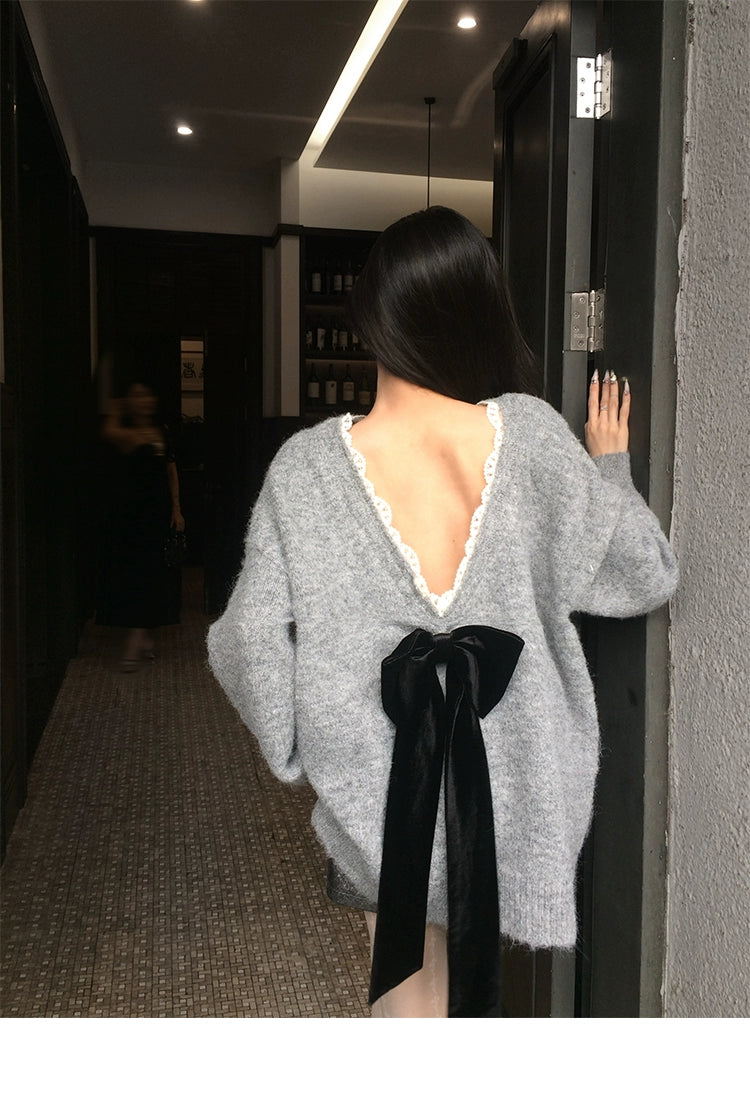 【24s Dec.】Bow Lace Loose Backless Sweater