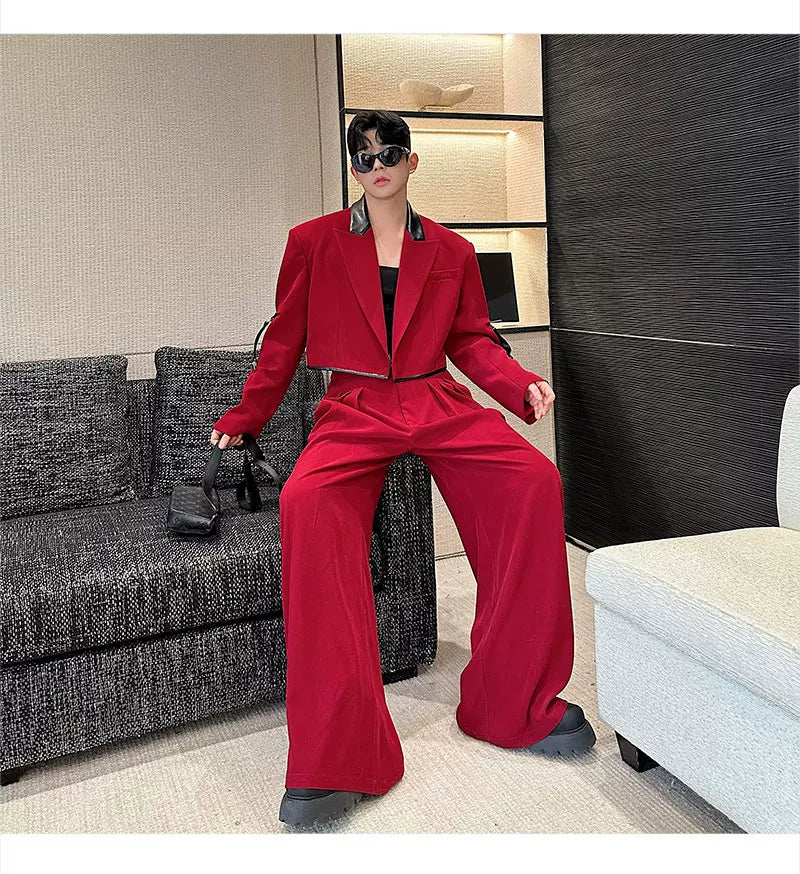 【26s Apr.】Color-Block Faux Leather Blazer & Wide-Leg Pants Set