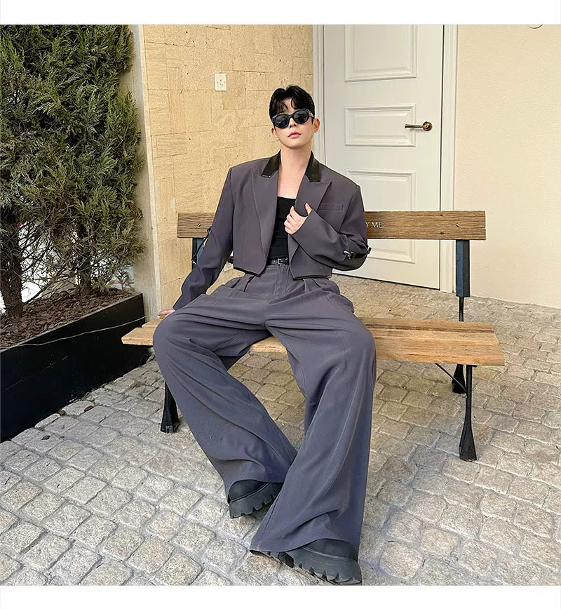 【26s Apr.】Color-Block Faux Leather Blazer & Wide-Leg Pants Set