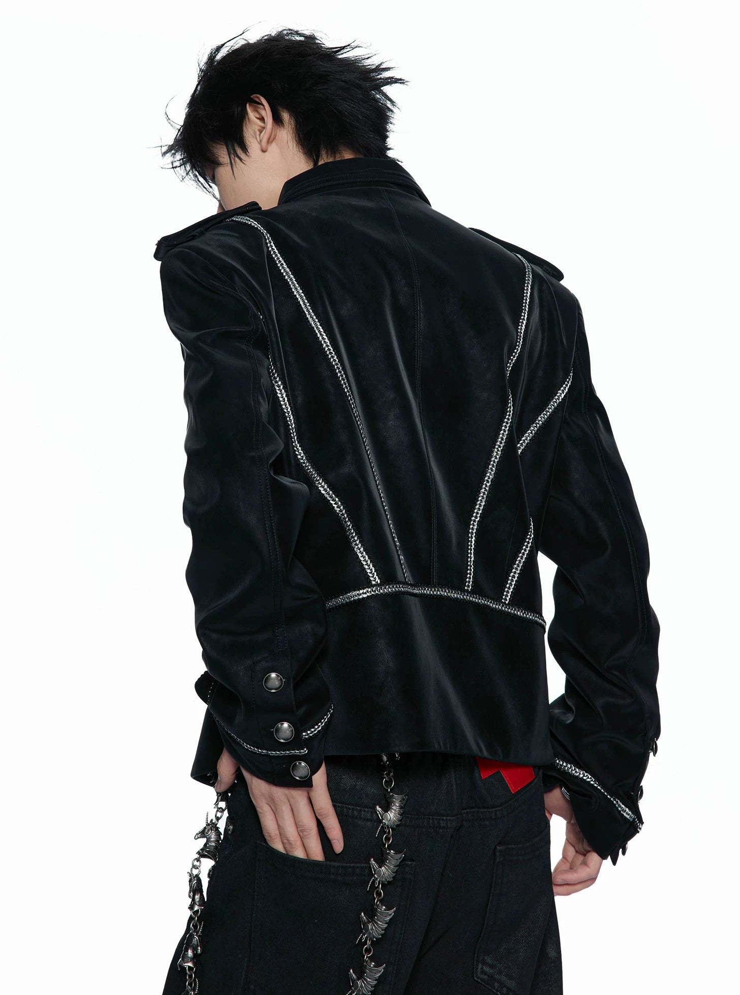 Silver Black Matte Leather Double-Breasted Structured Jacket