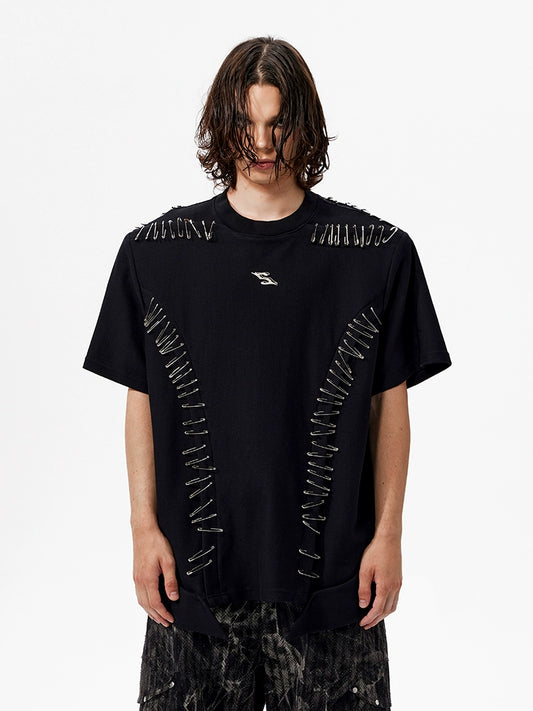 【25s Jul.】Safety Pin Patchwork Design Short Sleeve Top with Shoulder Pads