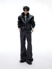 【25s Aug.】Embroidered Cropped Leather Jacket